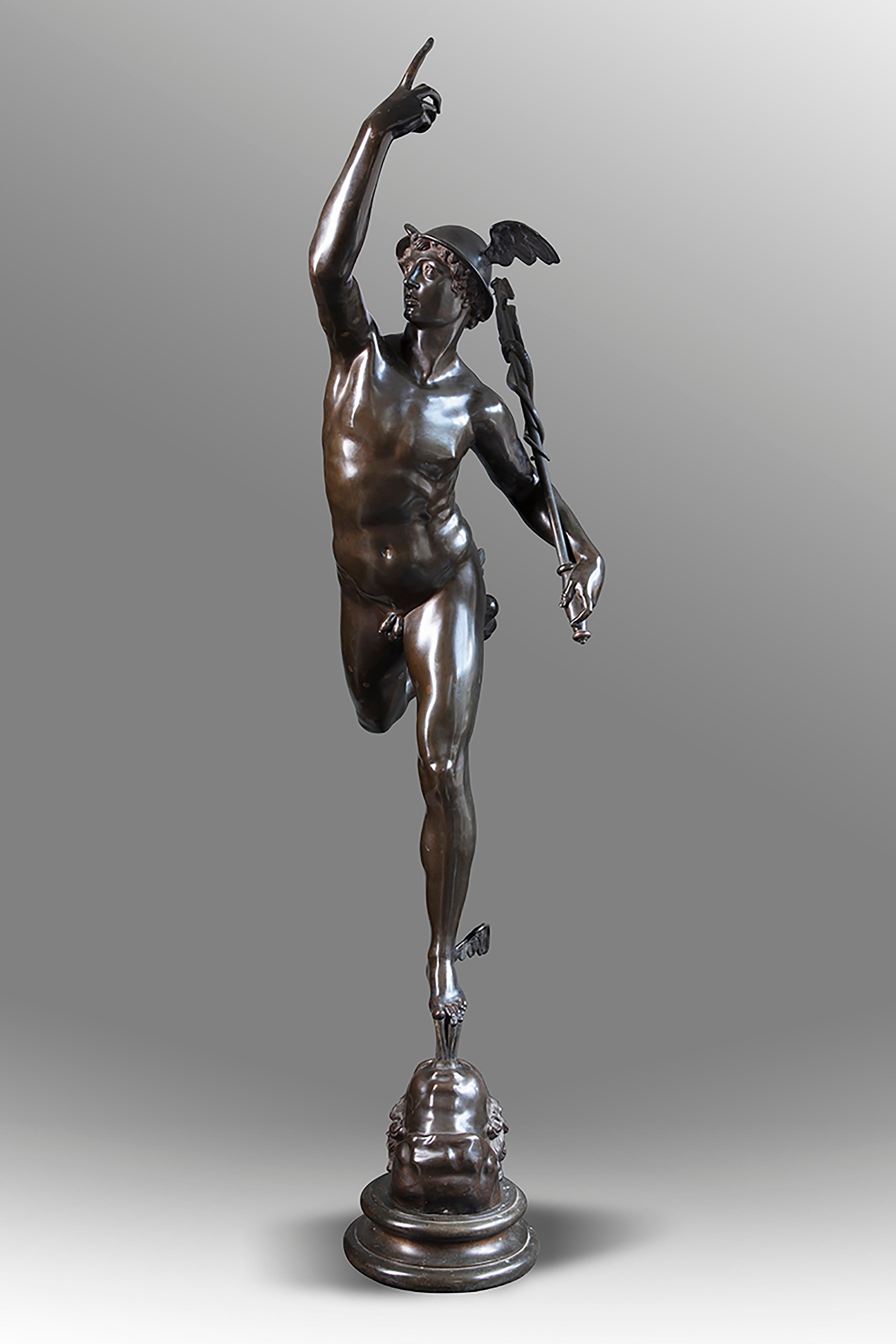 Bronze statue of Mercury, after Giambologna, late 19th / early 20th Century. 

Mercury, the Roman messenger god and god of traders, commonly identified with the Greek fleet-footed messenger of the gods, Hermes. This piece is the exact copy of the