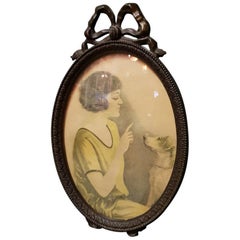 Early 20th Century Bronzed Photo Frame in Louis XVI Style, with Old Litho.