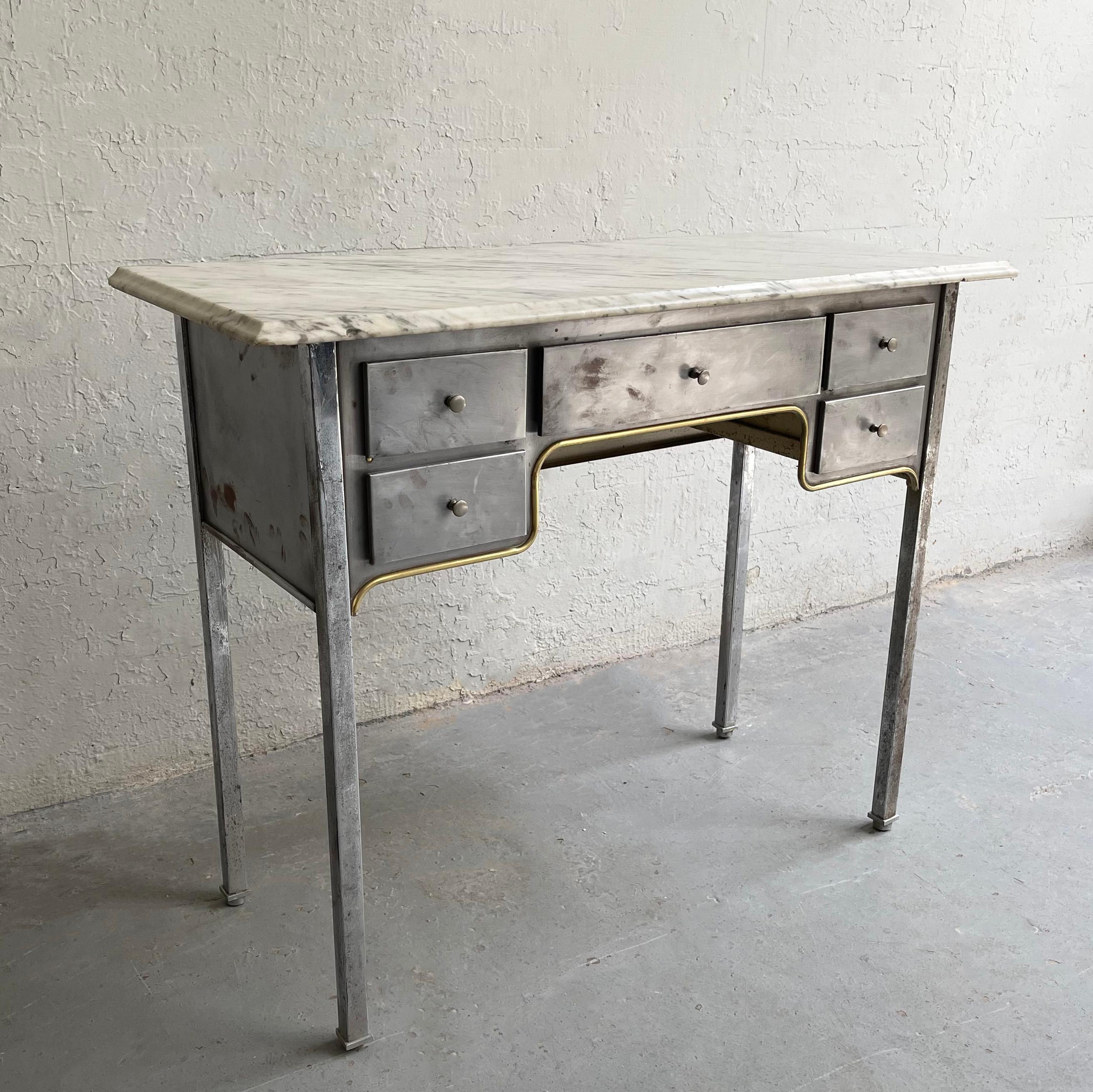 Industrial Early 20th Century Brushed Steel And Marble Writing Desk Vanity