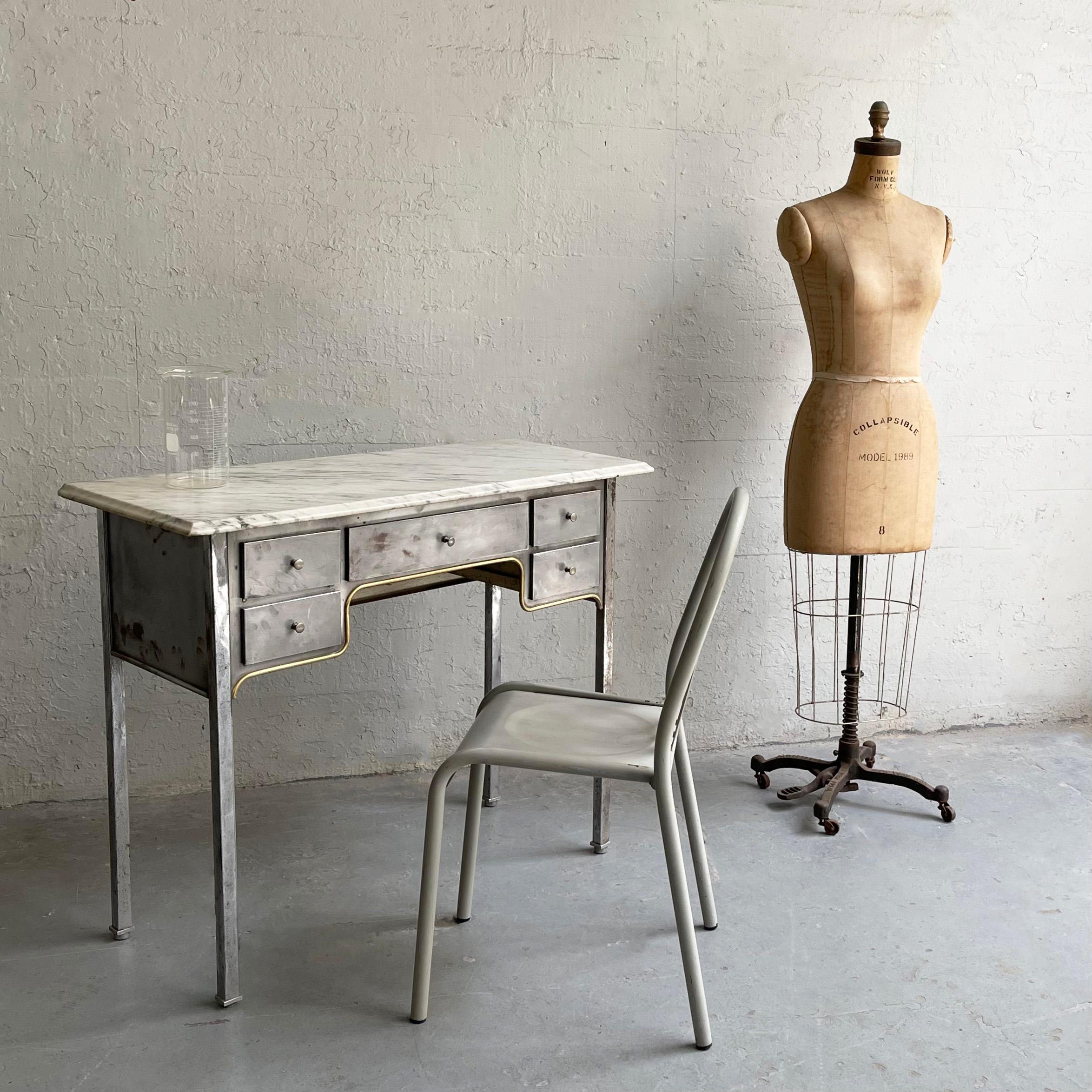 American Early 20th Century Brushed Steel And Marble Writing Desk Vanity For Sale
