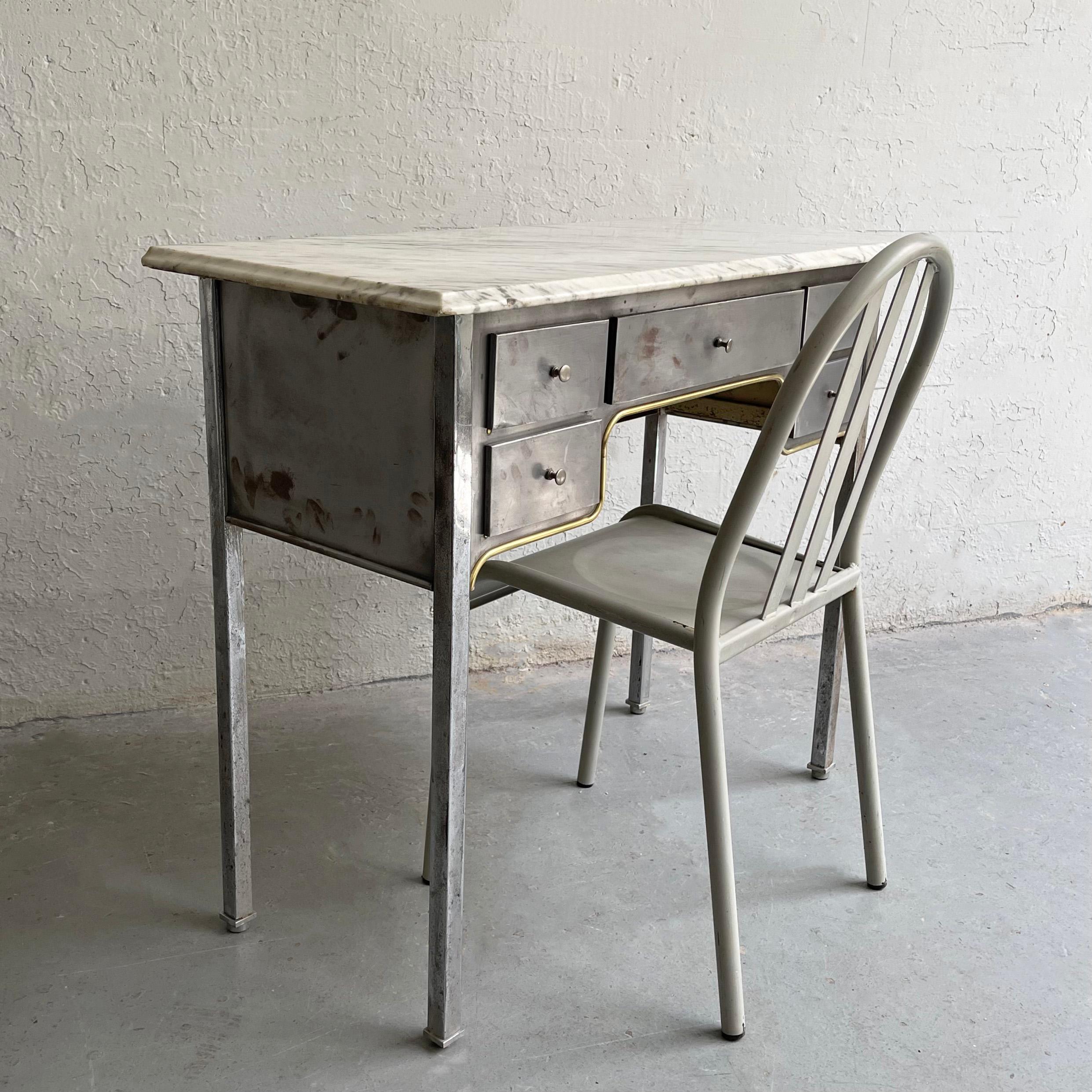 Early 20th Century Brushed Steel And Marble Writing Desk Vanity In Good Condition For Sale In Brooklyn, NY