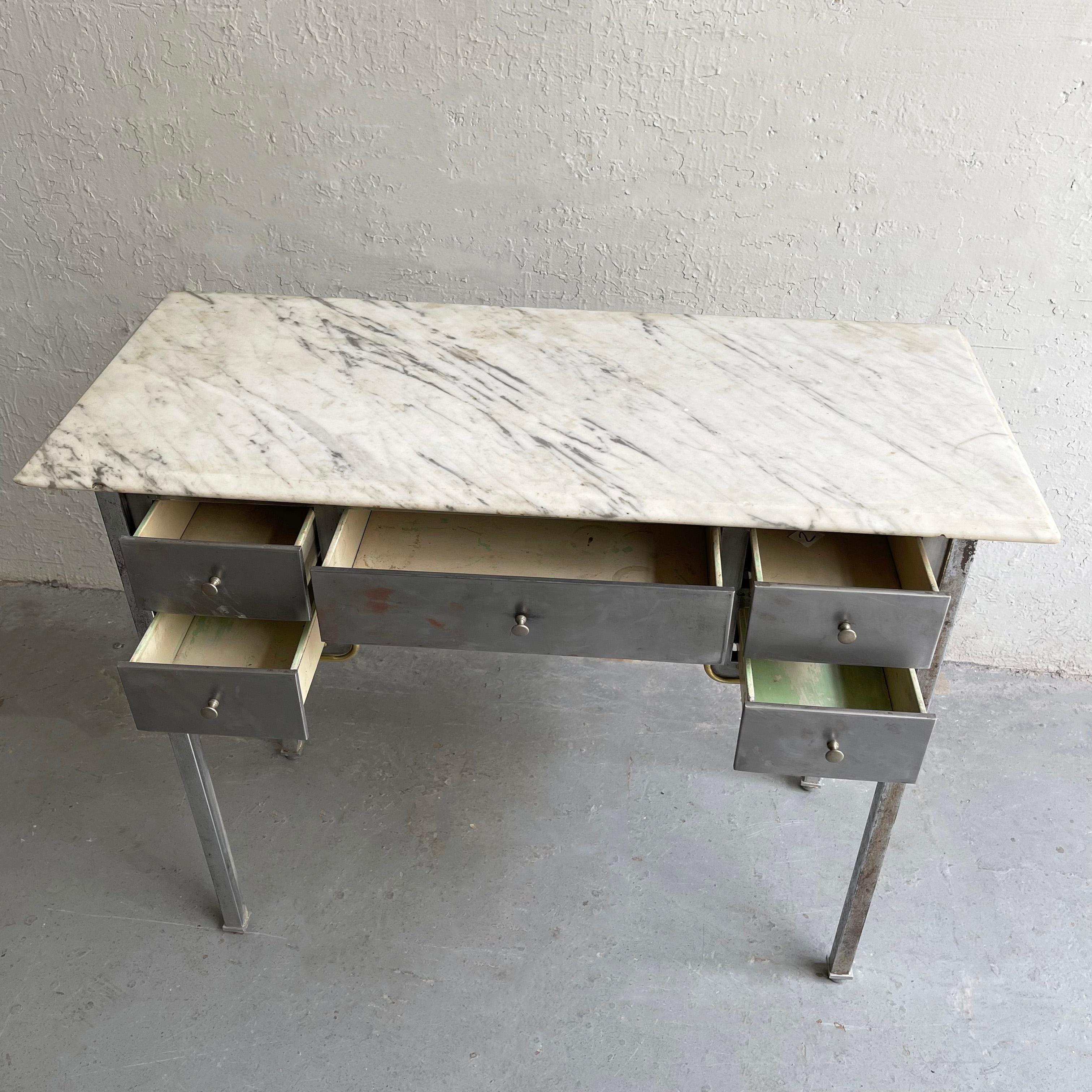 Brass Early 20th Century Brushed Steel And Marble Writing Desk Vanity For Sale