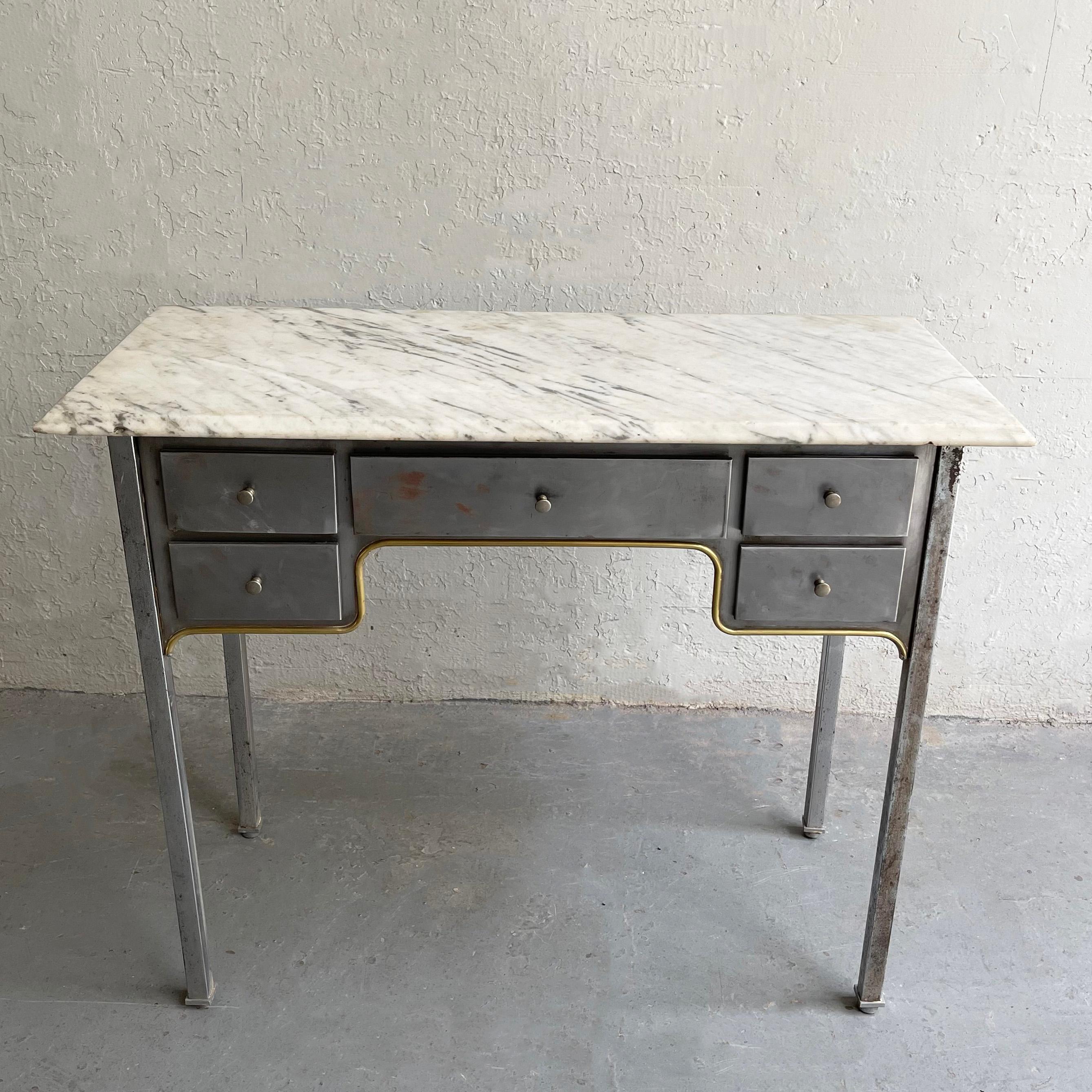Early 20th Century Brushed Steel And Marble Writing Desk Vanity 1