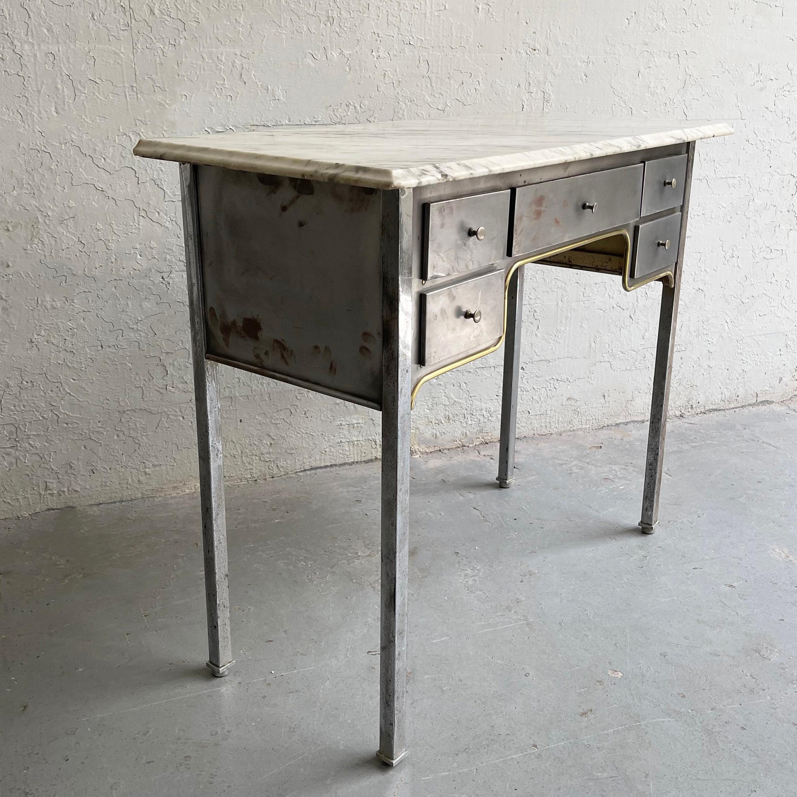 Early 20th Century Brushed Steel And Marble Writing Desk Vanity For Sale 3