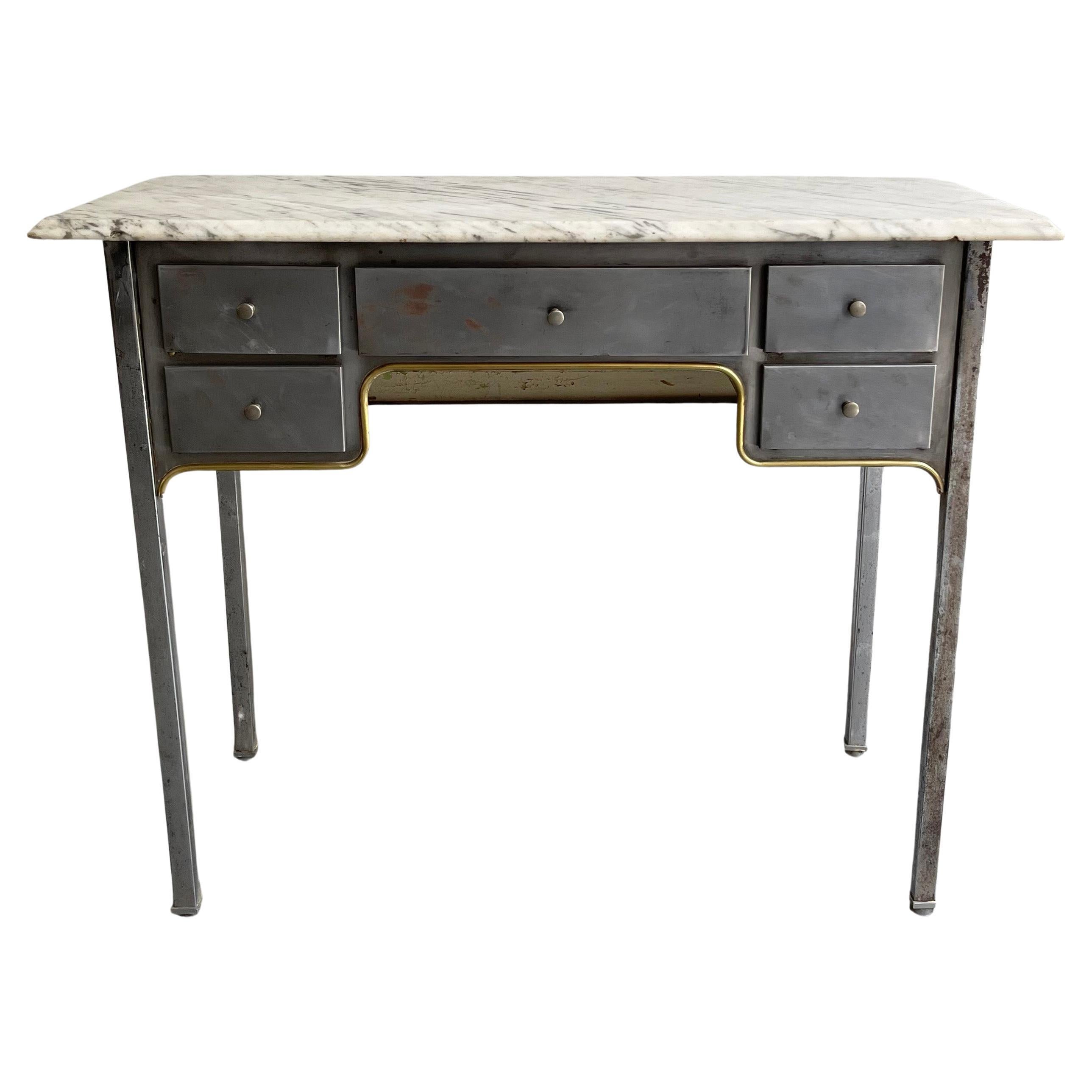 Early 20th Century Brushed Steel And Marble Writing Desk Vanity For Sale