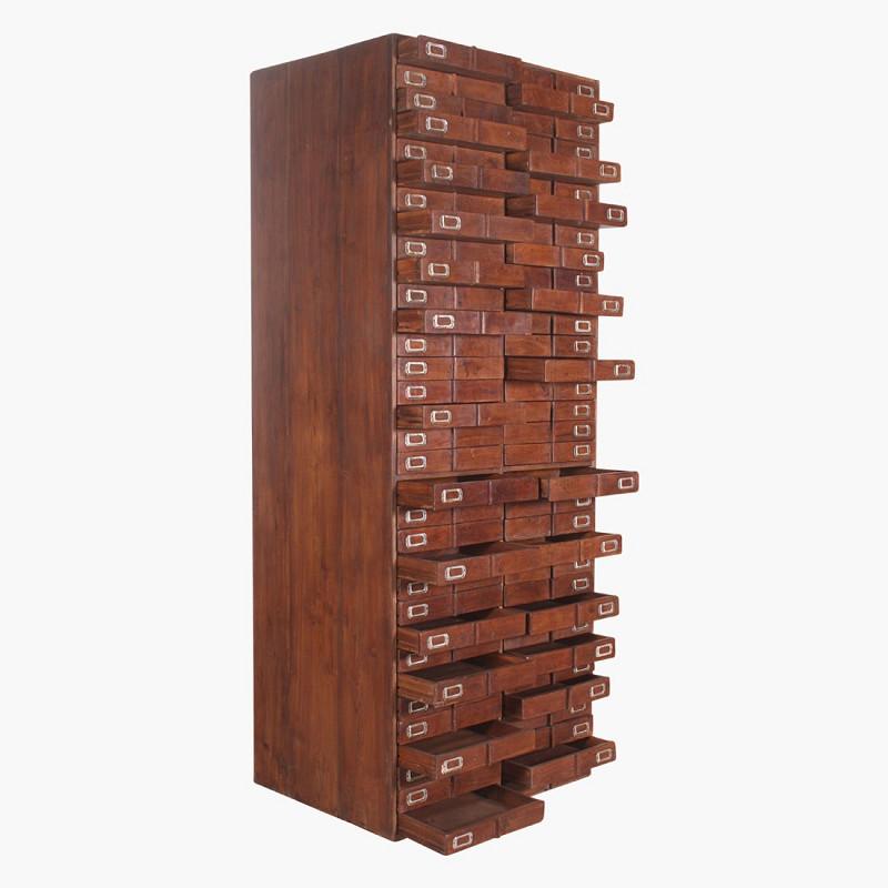 Hand-Crafted Early 20th Century Brutalist Teak Cabinet of 66 Drawers, India For Sale