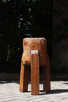 Early 20th century brutalist wood farm tripod chopping block Folk Art