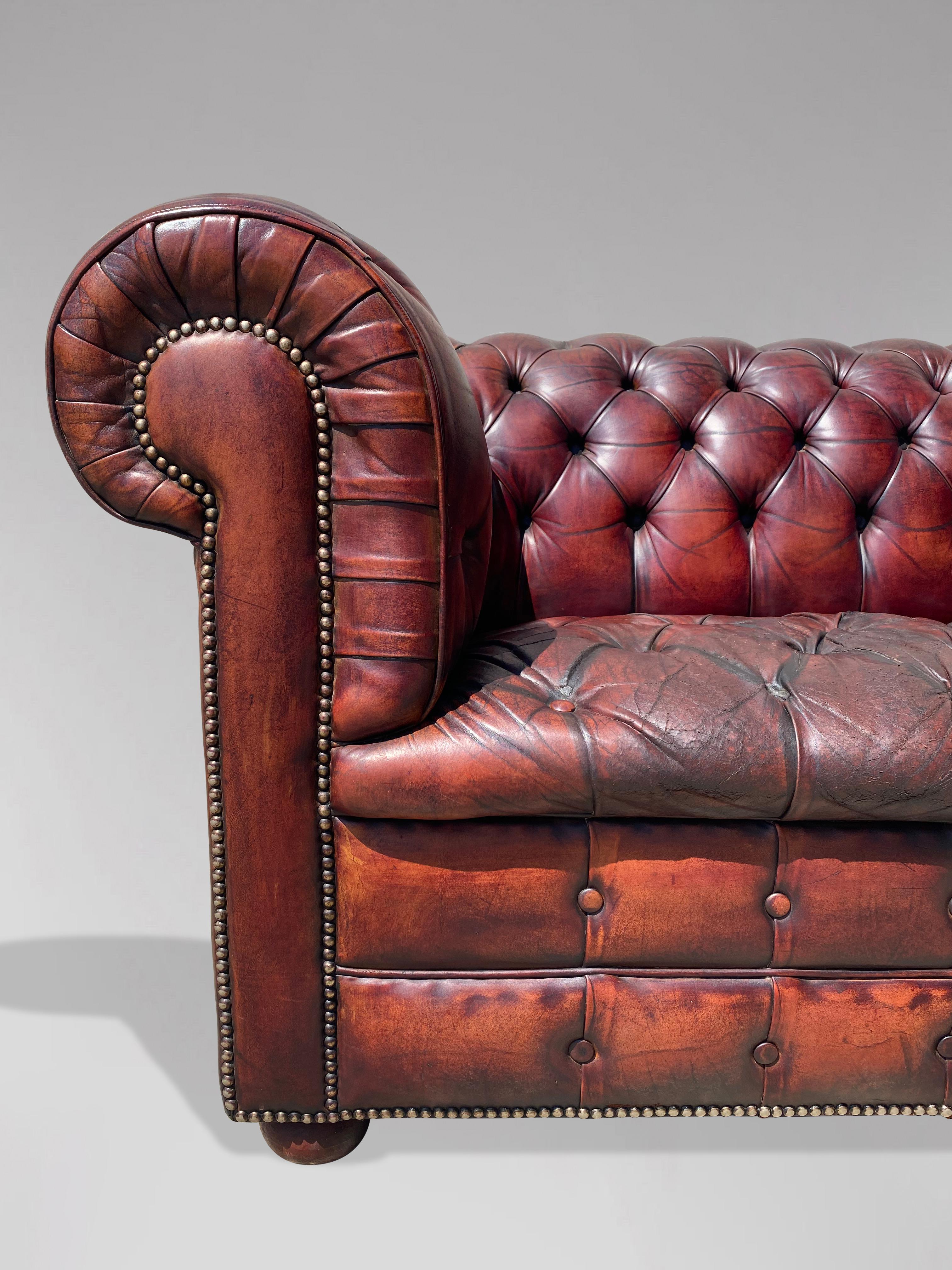 British Early 20th Century Burgundy Colour Leather Three Seater Chesterfield For Sale