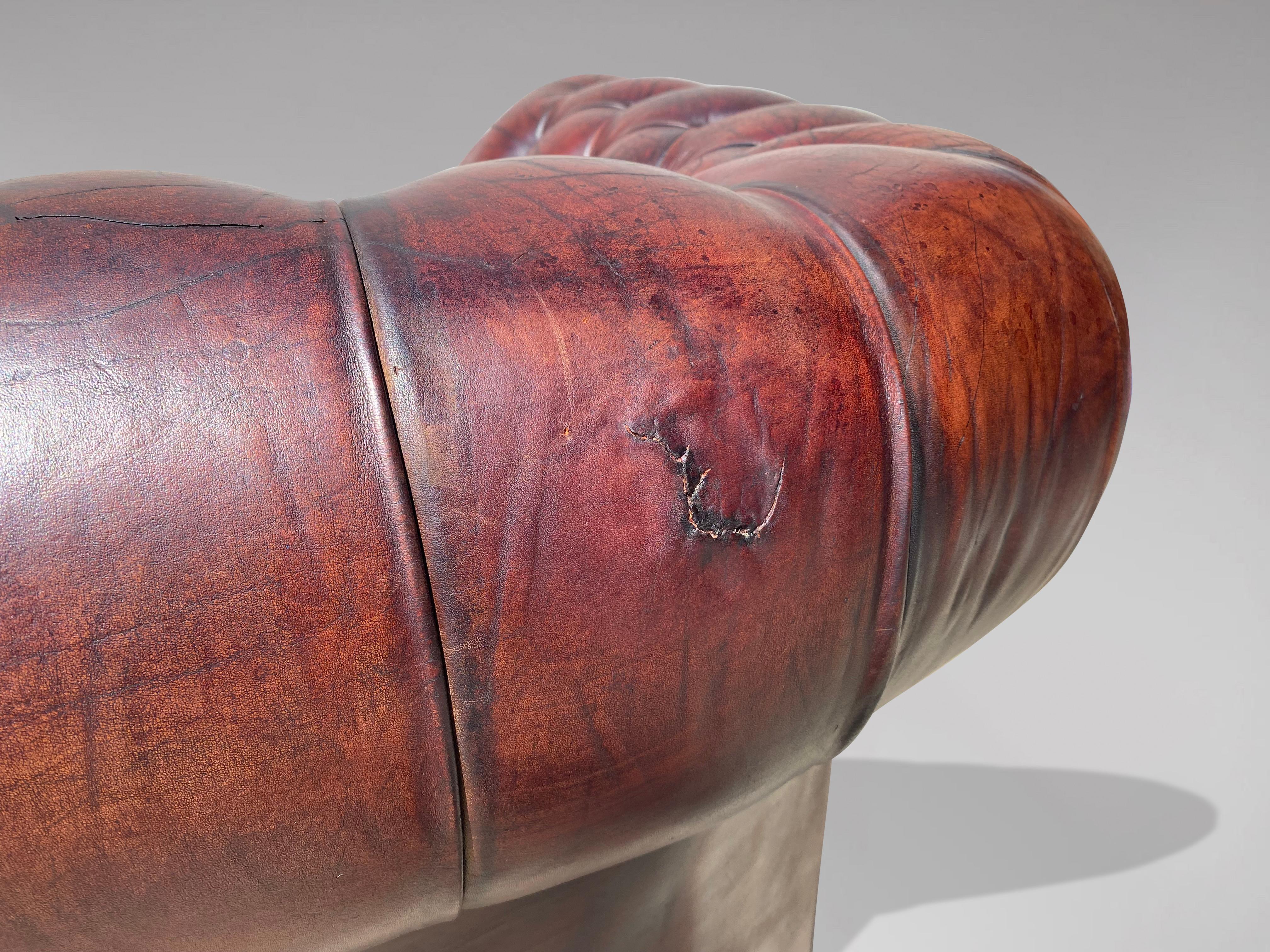 Hand-Crafted Early 20th Century Burgundy Colour Leather Three Seater Chesterfield