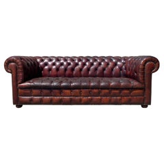 Vintage Early 20th Century Burgundy Colour Leather Three Seater Chesterfield