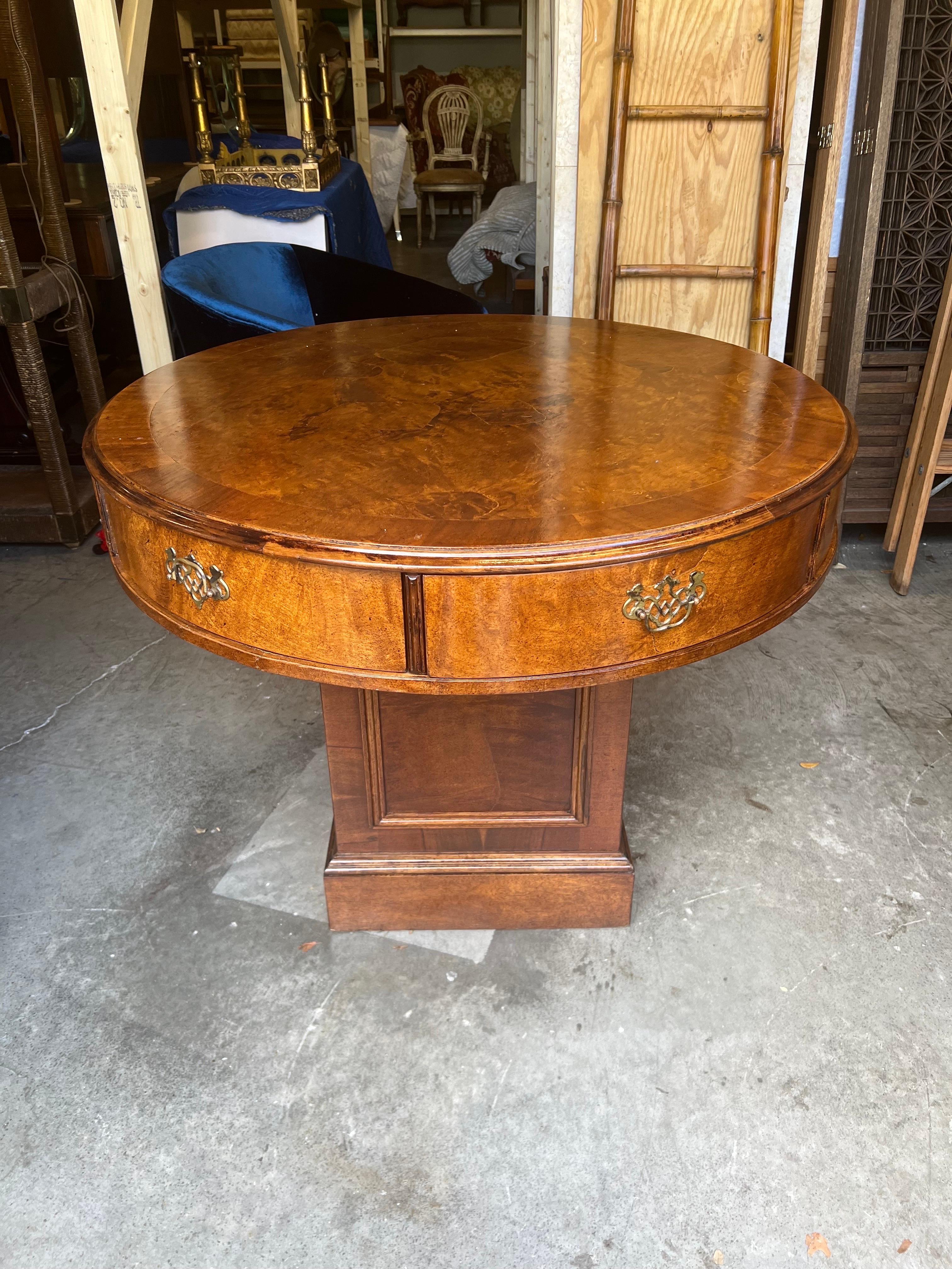 Early 20th century english Burled walnut and Burled mahogany center table.   This beautiful top sits on a single pedestal with four sides that have a nicely grained Burled mahogany.  The top itself appears to be an English Burled walnut and it has 6