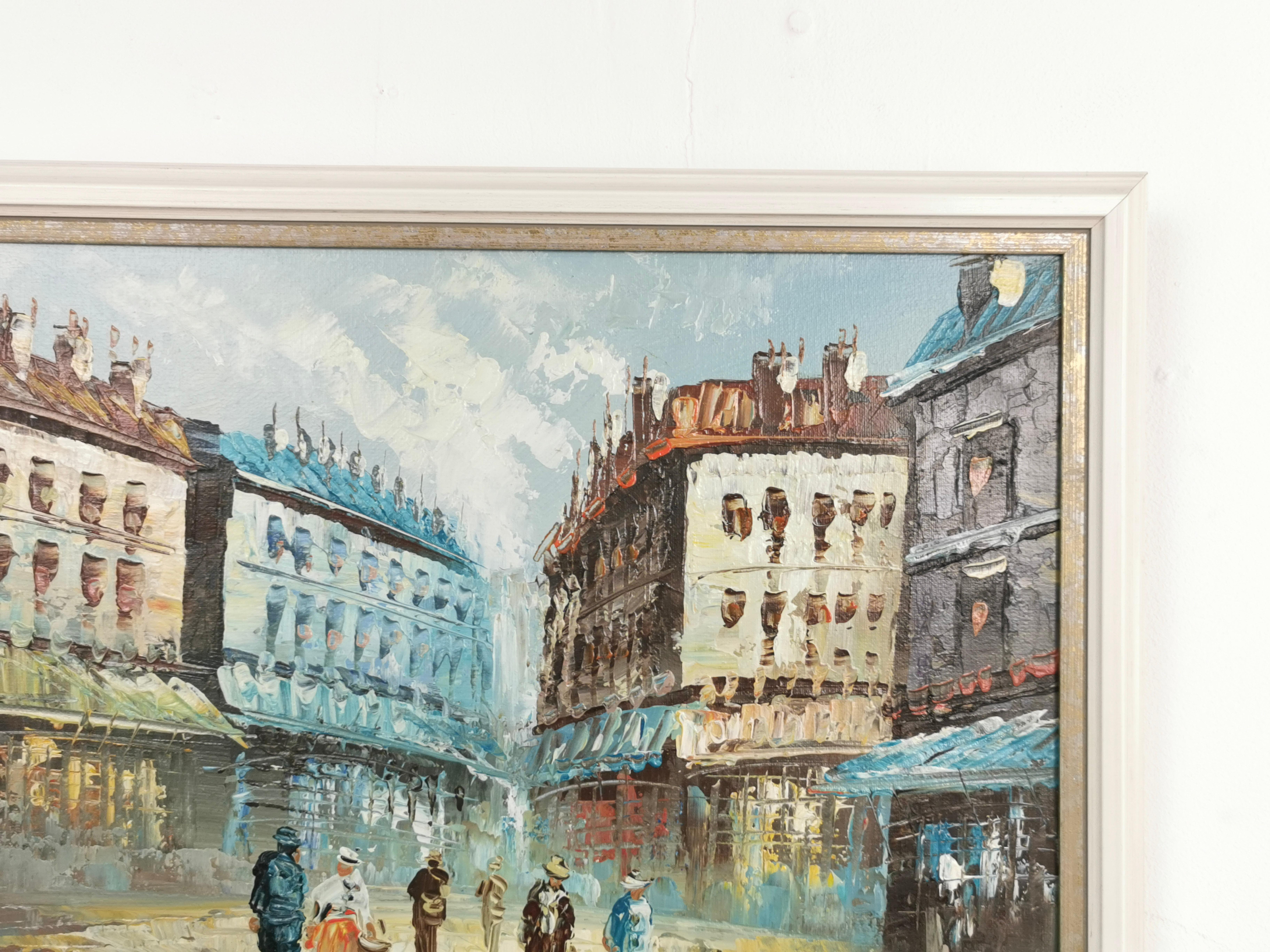20ième siècle Huile sur toile - Scène de rue française du début du 20e siècle de Burnett en vente