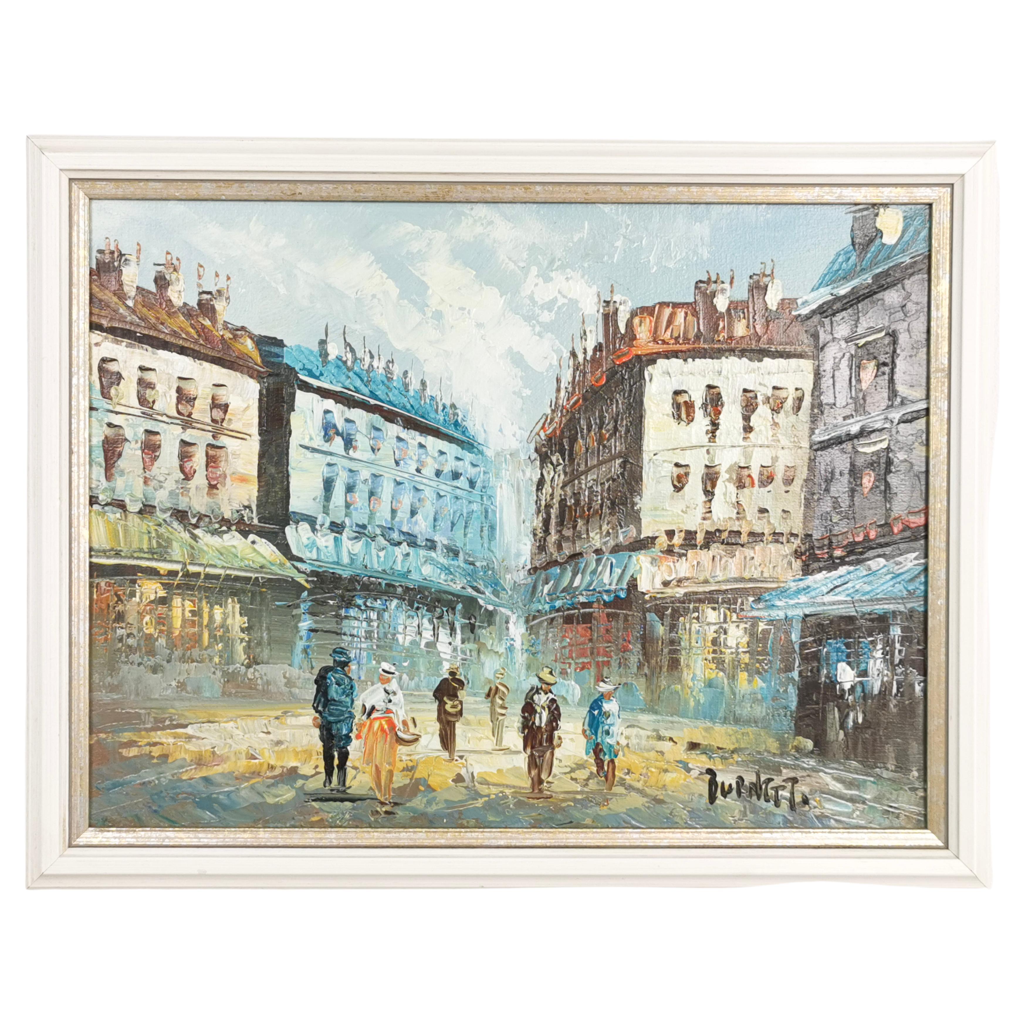 Huile sur toile - Scène de rue française du début du 20e siècle de Burnett en vente