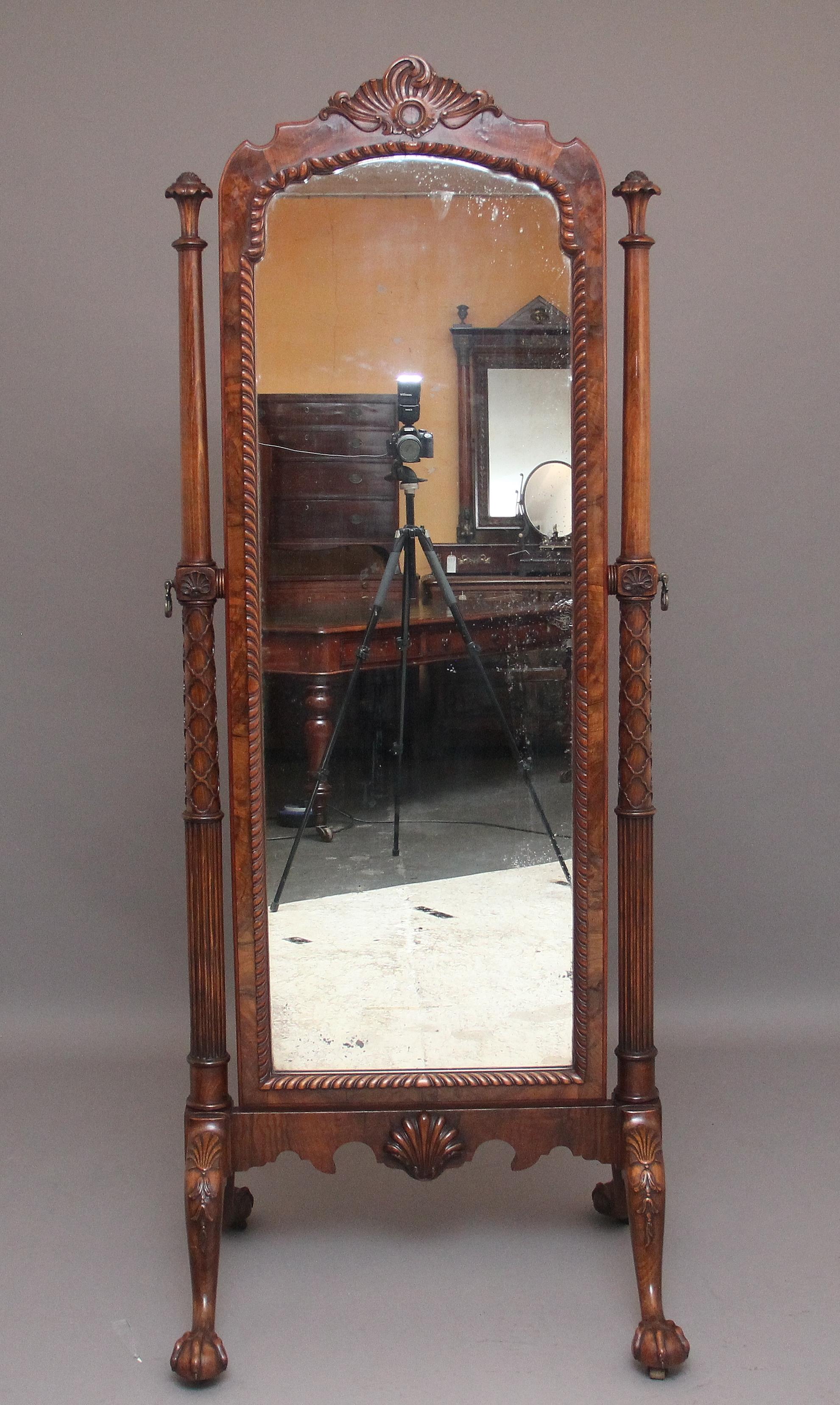 Early 20th Century Burr Walnut Cheval Mirror In Good Condition In Martlesham, GB