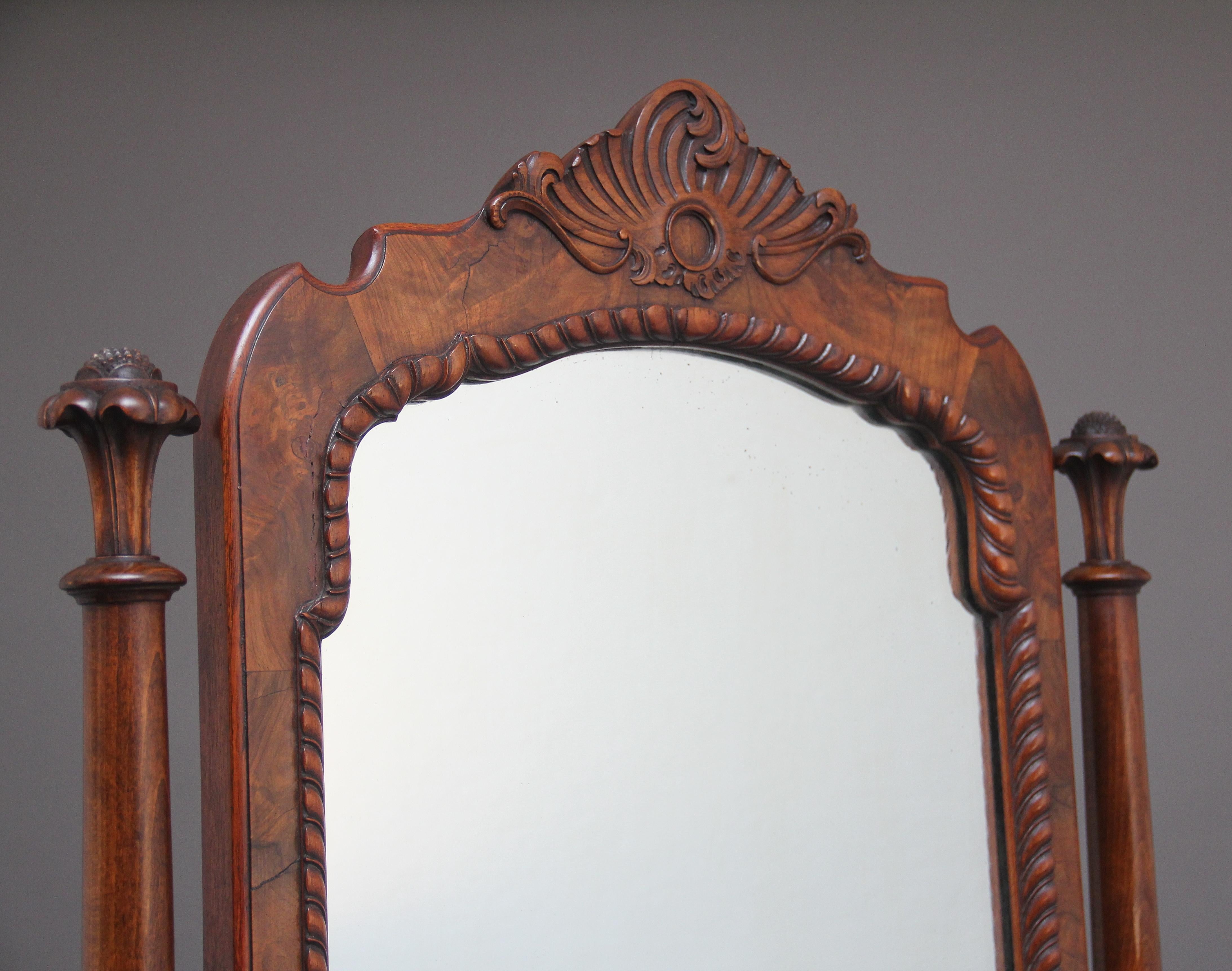 Early 20th Century Burr Walnut Cheval Mirror 1