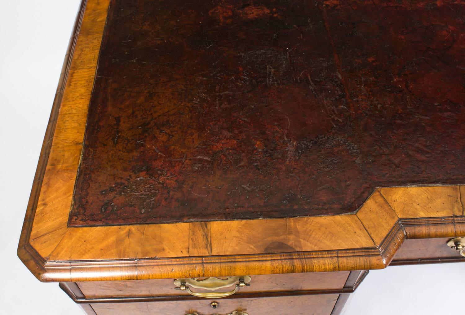 Queen Anne Early 20th Century Burr Walnut Partners Pedestal Desk in Queen Ann Style