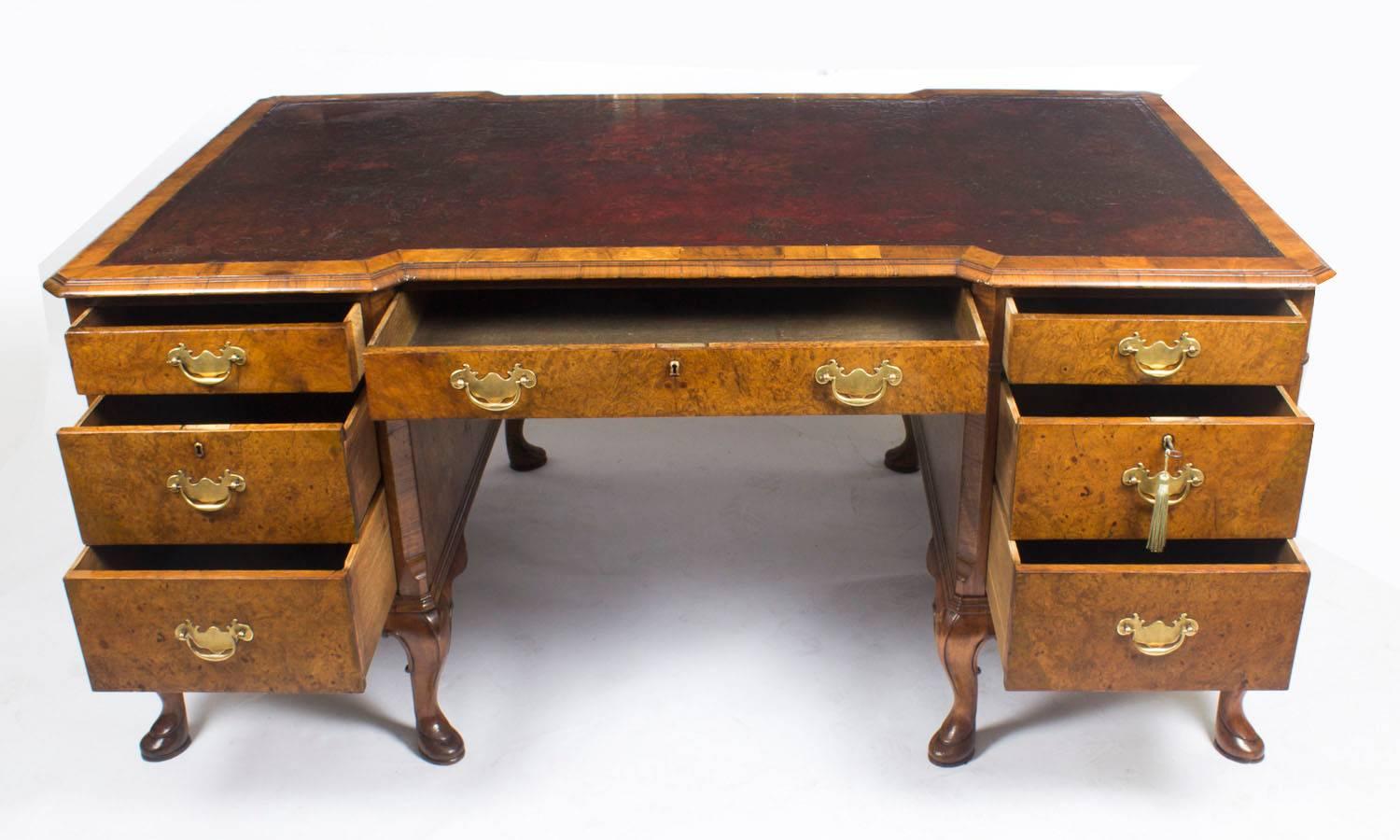 Early 20th Century Burr Walnut Partners Pedestal Desk in Queen Ann Style 1