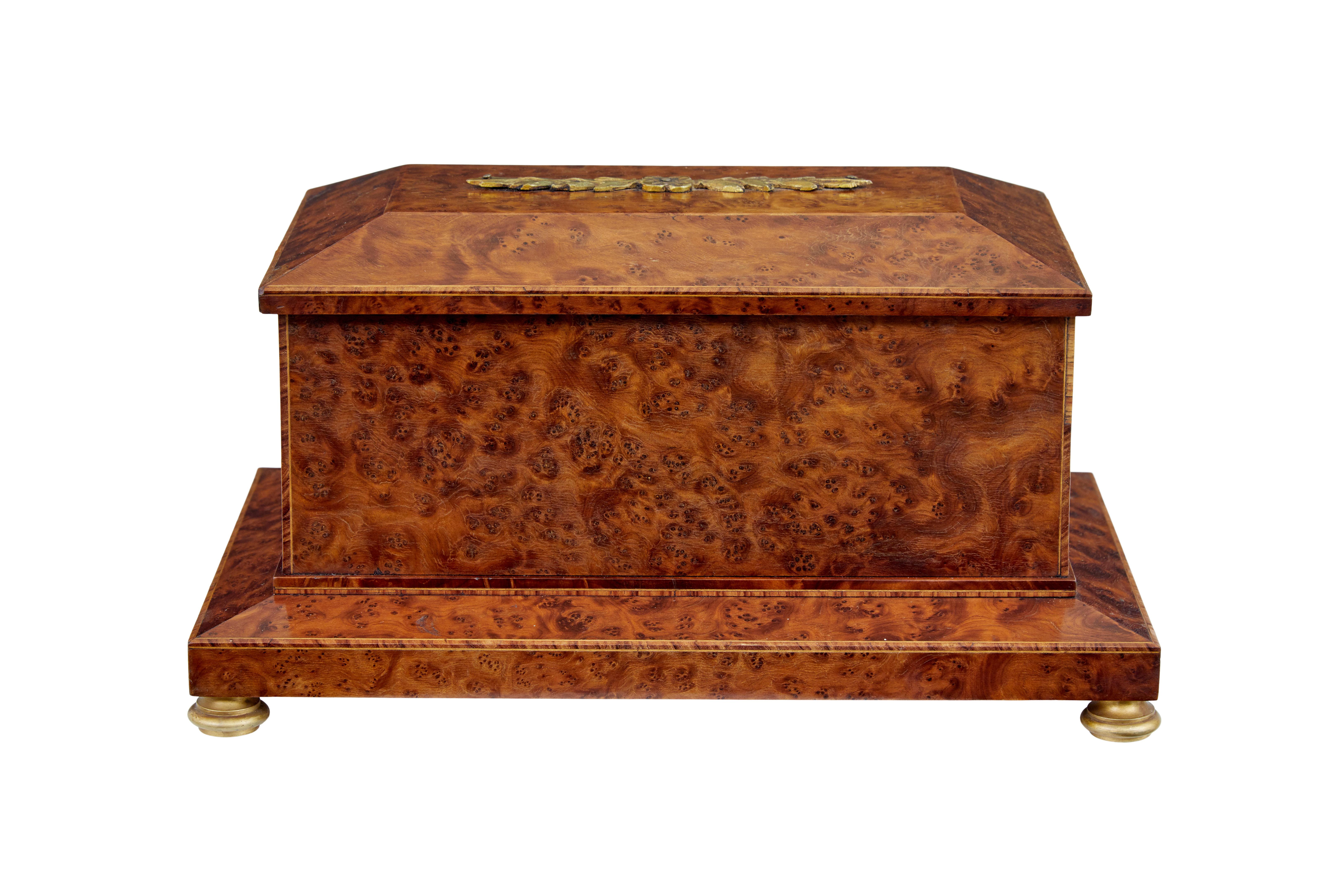 Swedish Early 20th century burr yew desktop box with clock For Sale