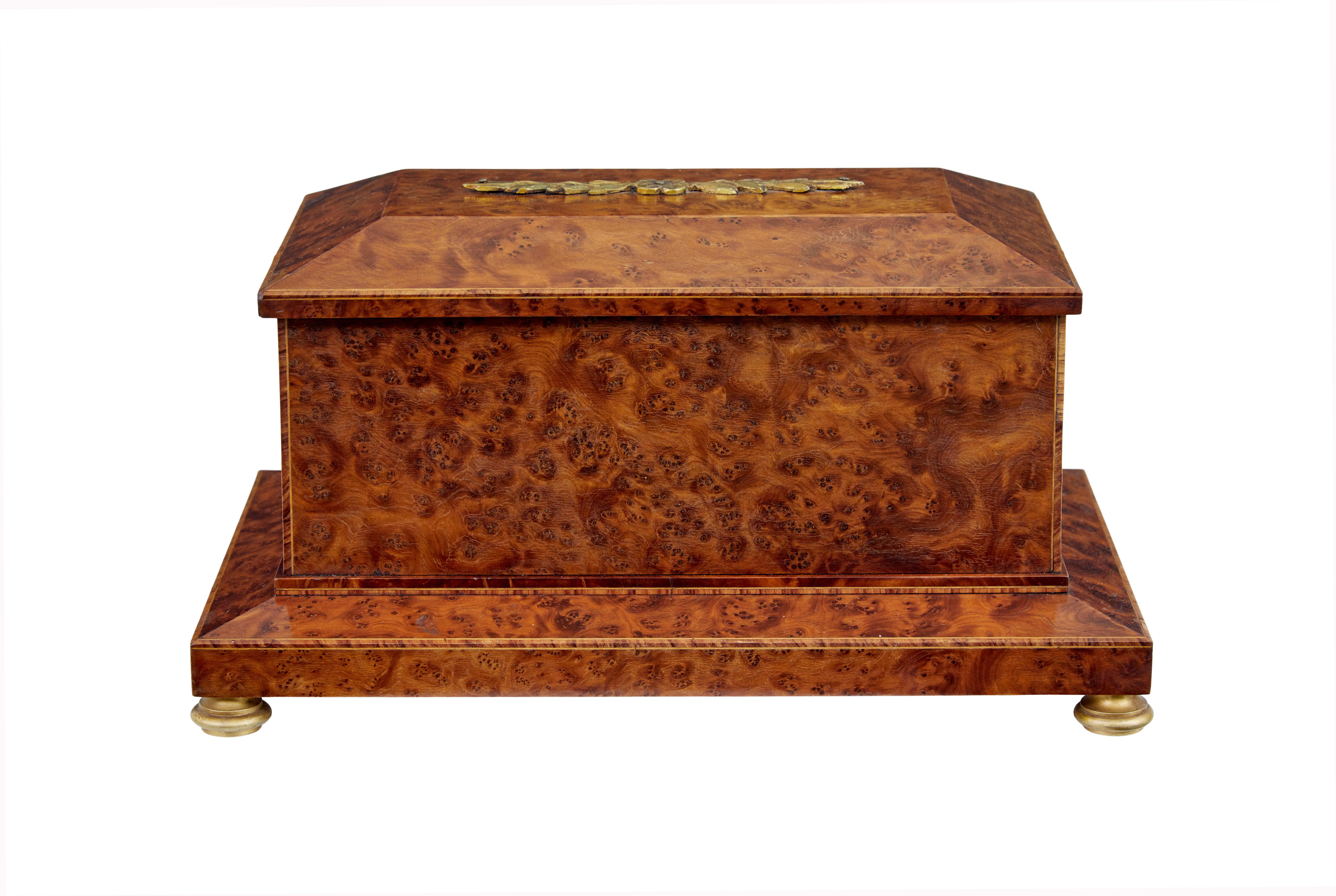 Swedish Early 20th Century burr yew desktop box with clock For Sale
