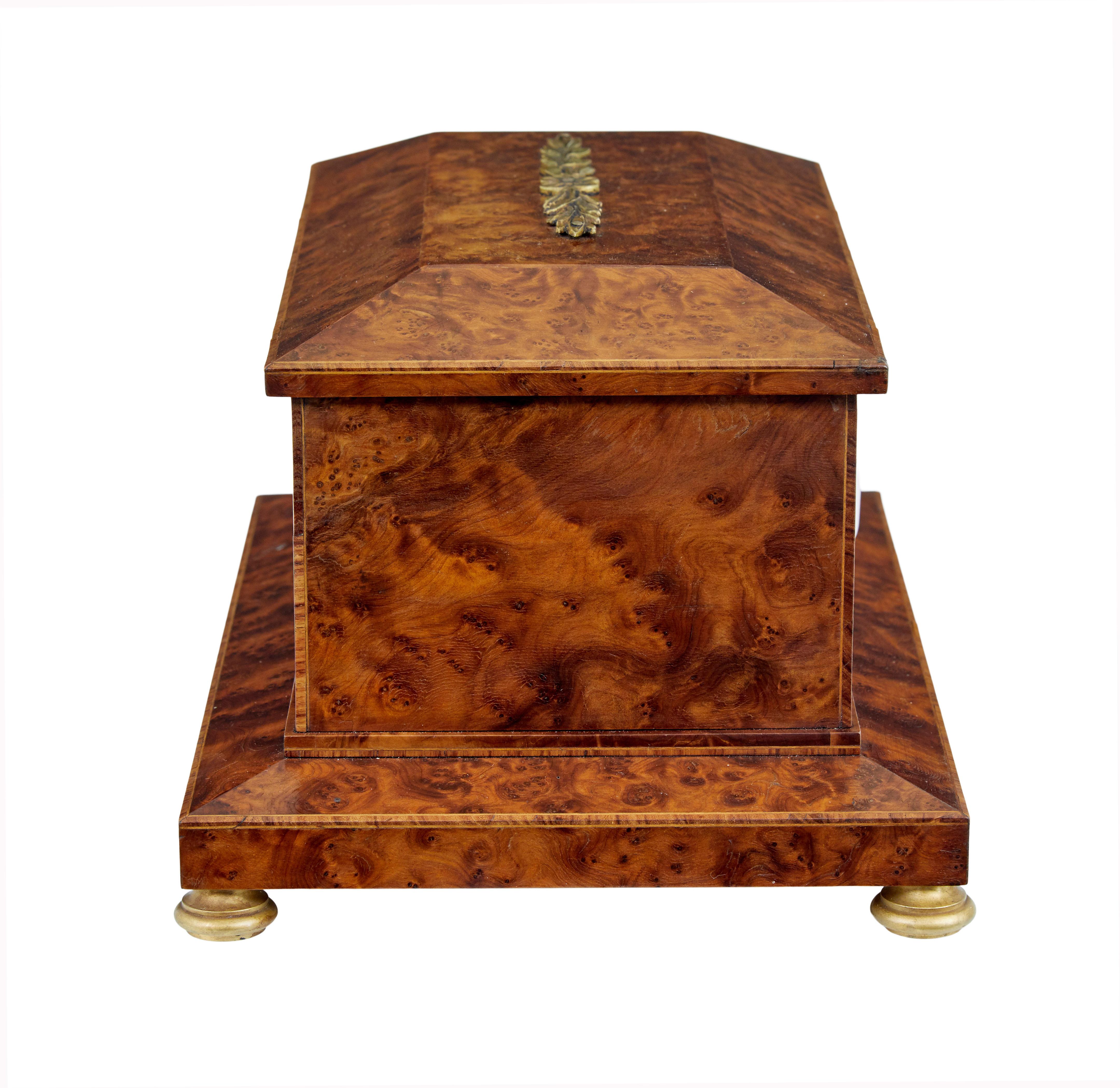 Hand-Carved Early 20th Century burr yew desktop box with clock For Sale