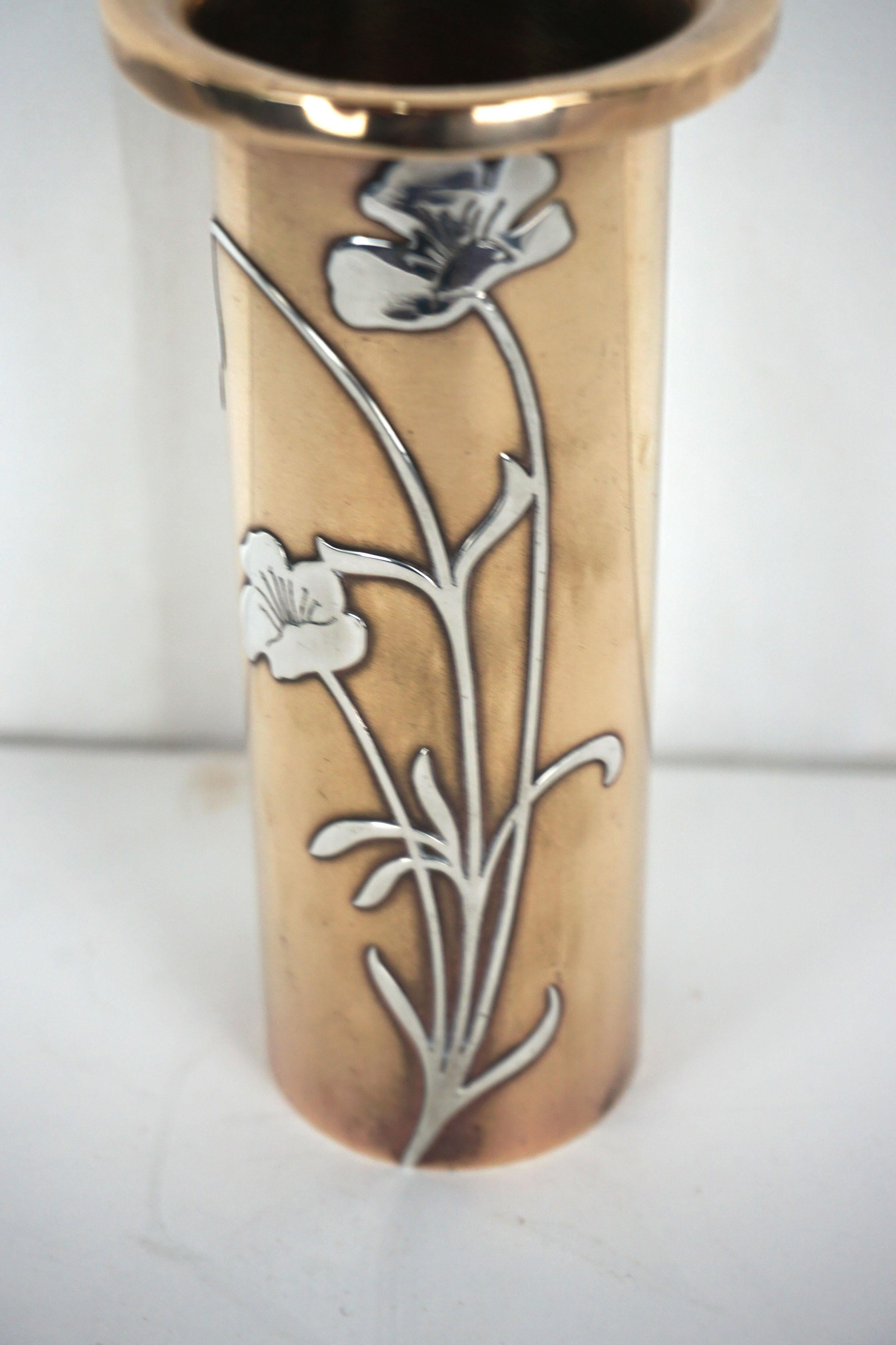 American Early 20th Century California Poppy Art Nouveau Sterling Overlay on Bronze Vase
