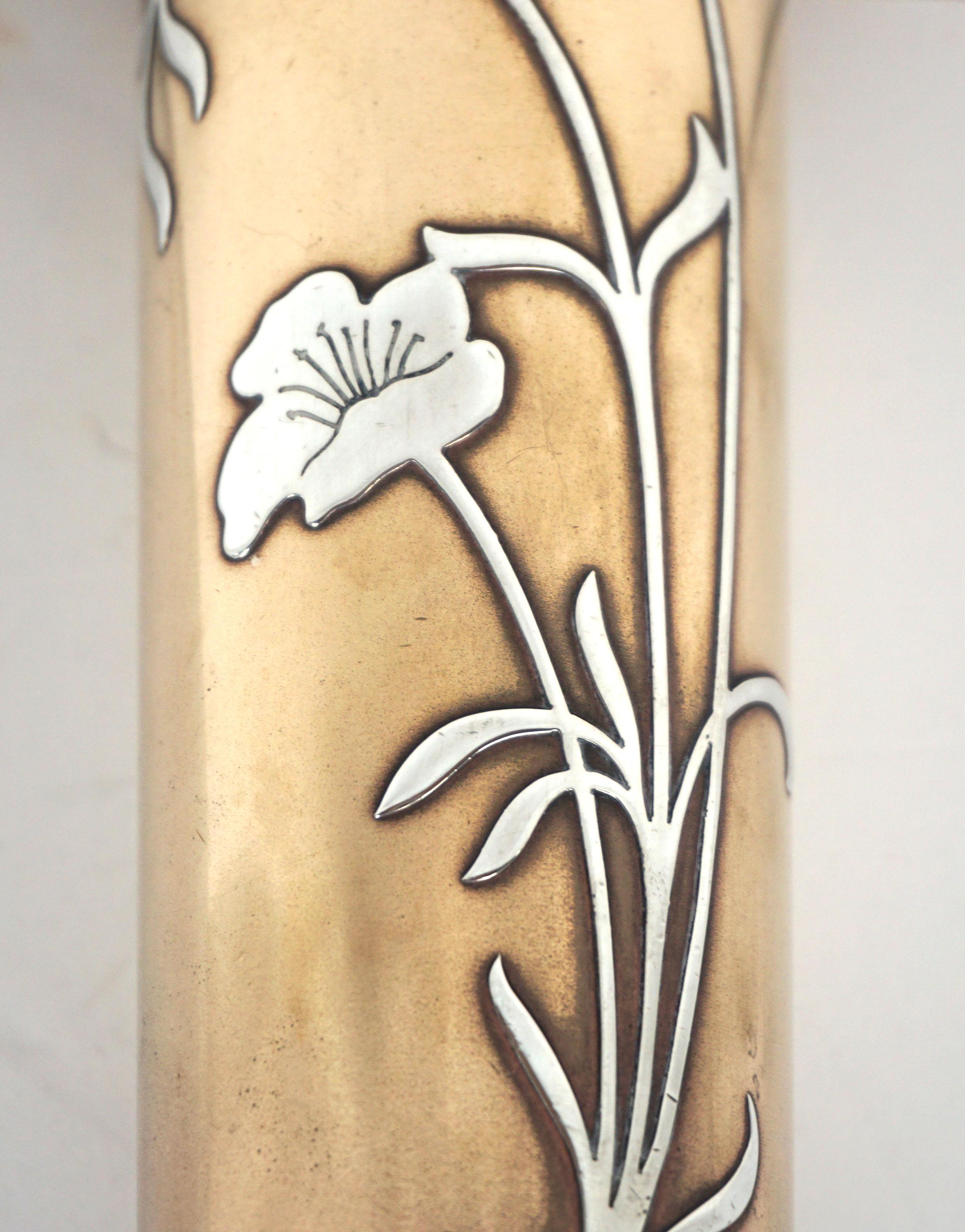 Sterling Silver Early 20th Century California Poppy Art Nouveau Sterling Overlay on Bronze Vase