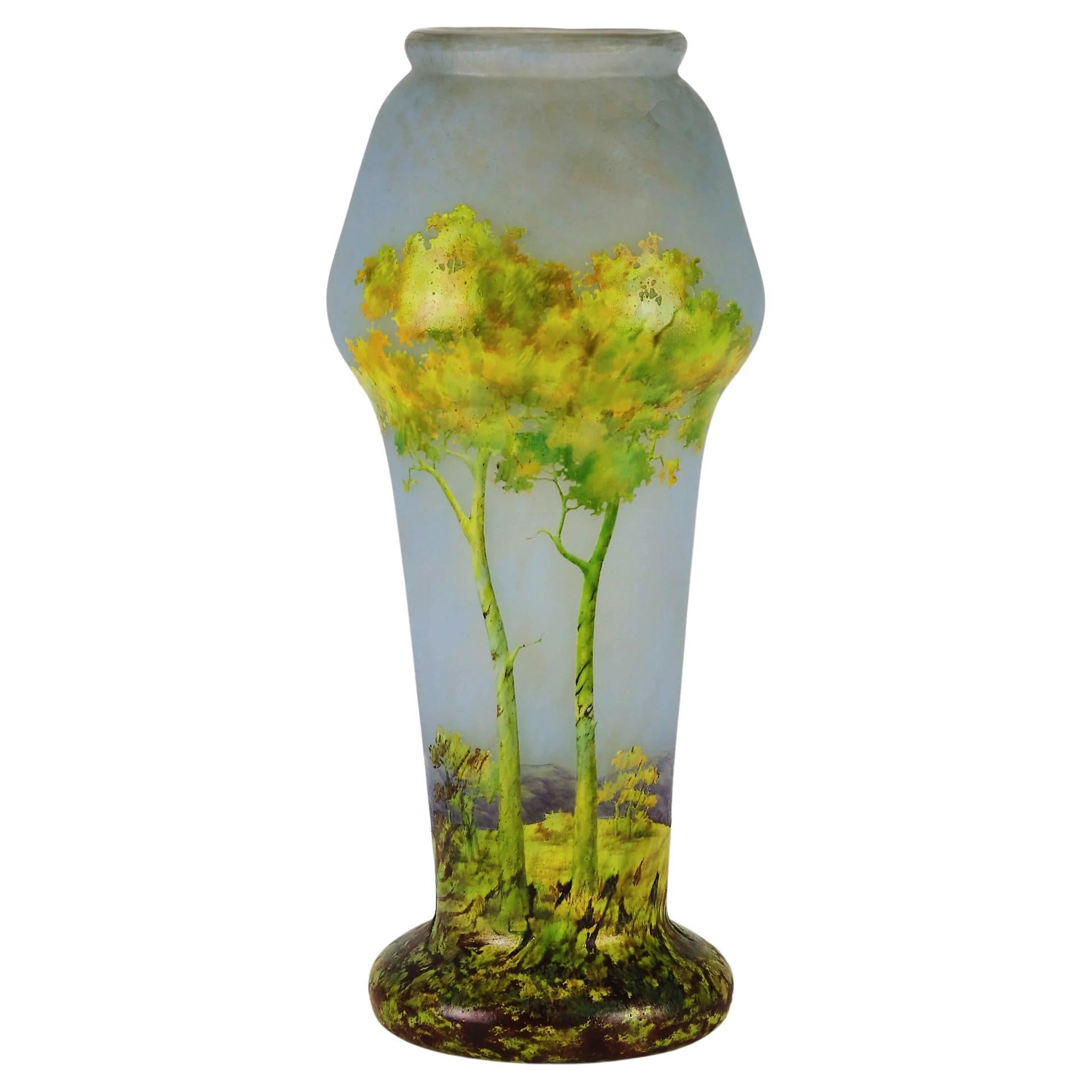 Vase en verre camée du début du 20e siècle intitulé "Paysage d'été" par Daum. en vente