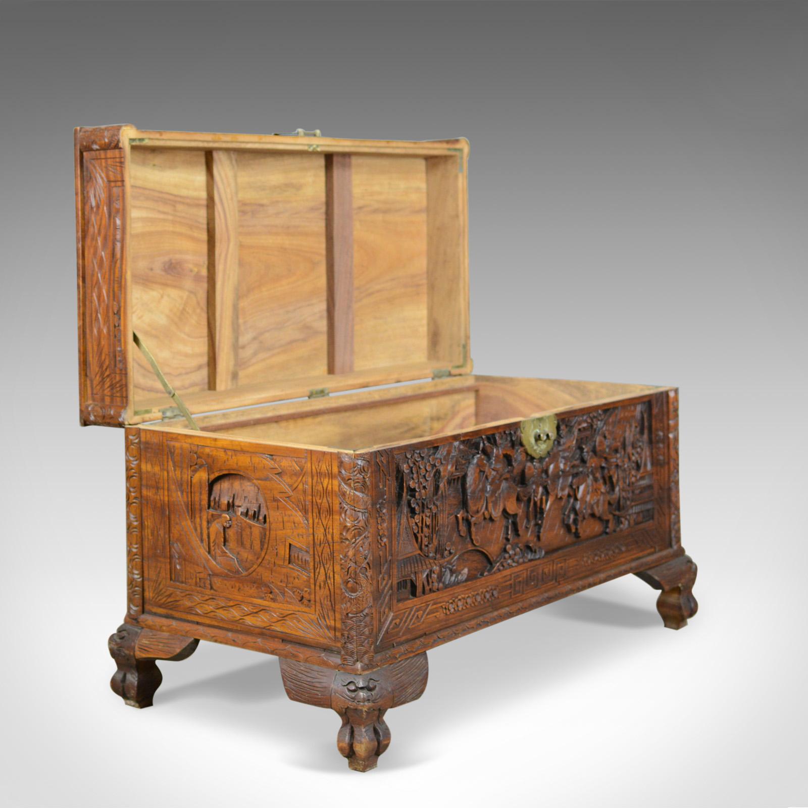 Early 20th Century Camphor Wood Chest, Oriental, Carved Scenes, Trunk circa 1930 1
