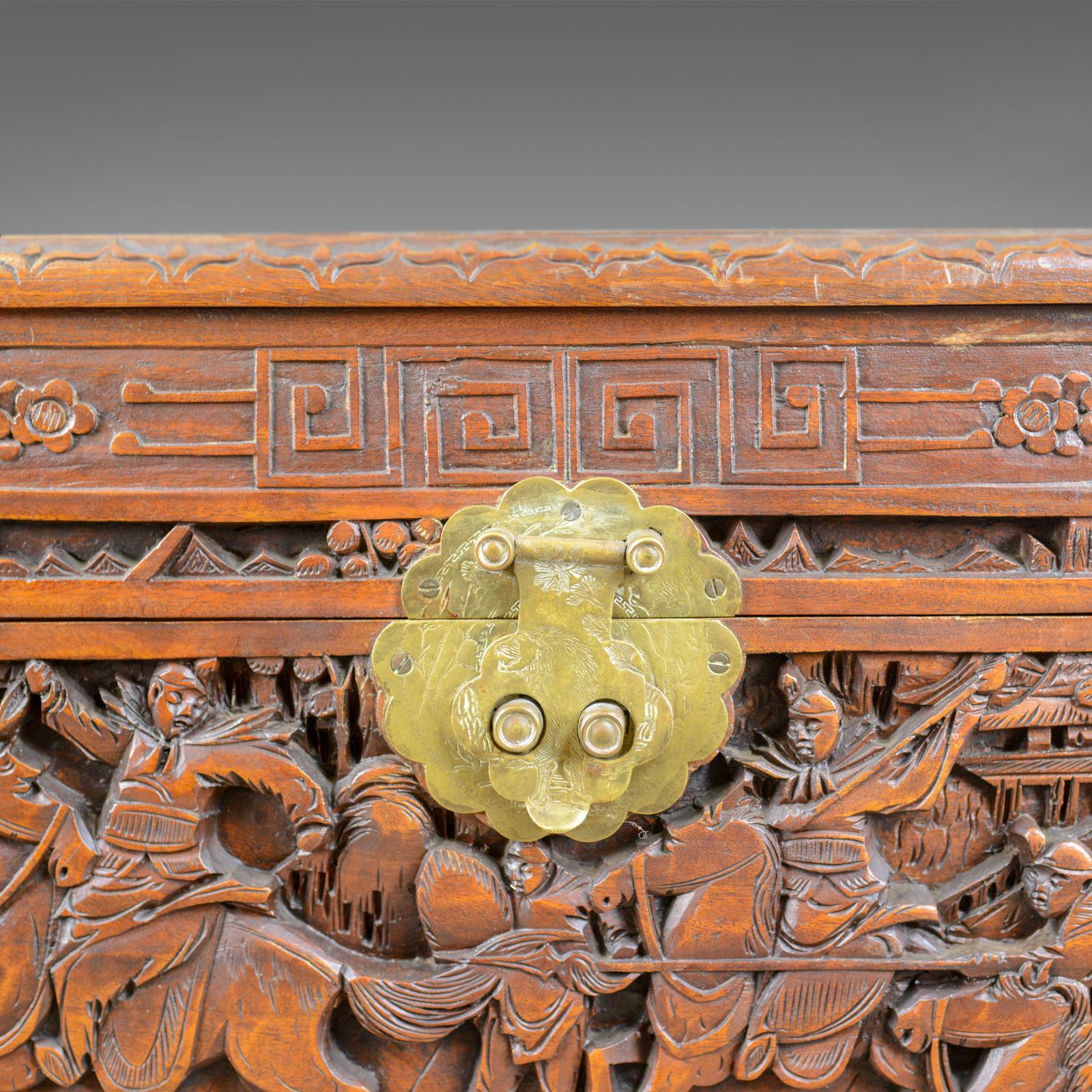 Asian Early 20th Century Camphor Wood Chest, Oriental, Carved Scenes, Trunk circa 1930