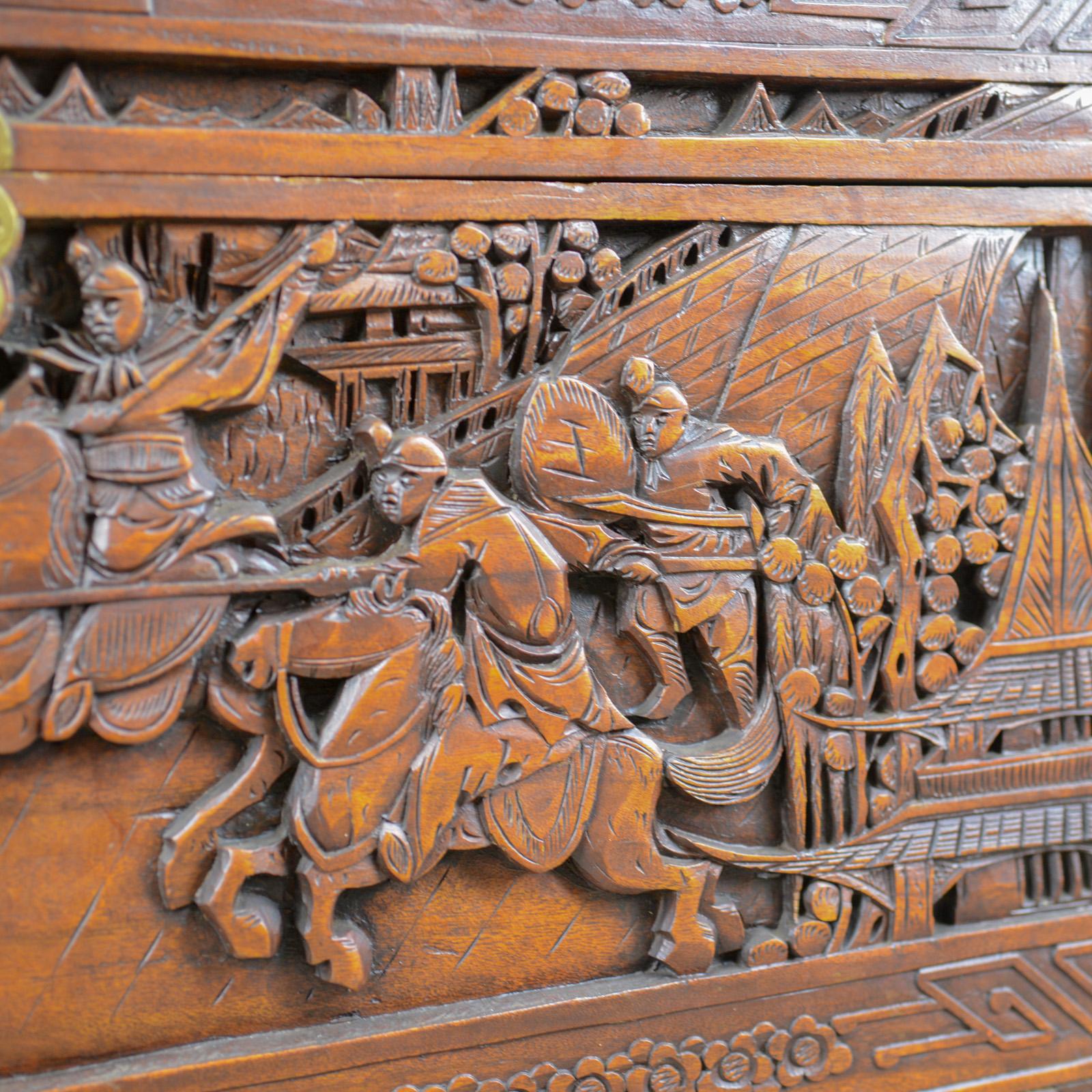 Hand-Carved Early 20th Century Camphor Wood Chest, Oriental, Carved Scenes, Trunk circa 1930