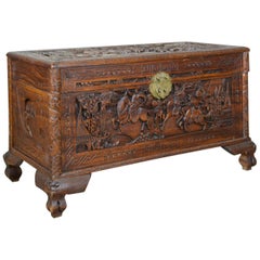Early 20th Century Camphor Wood Chest, Oriental, Carved Scenes, Trunk circa 1930