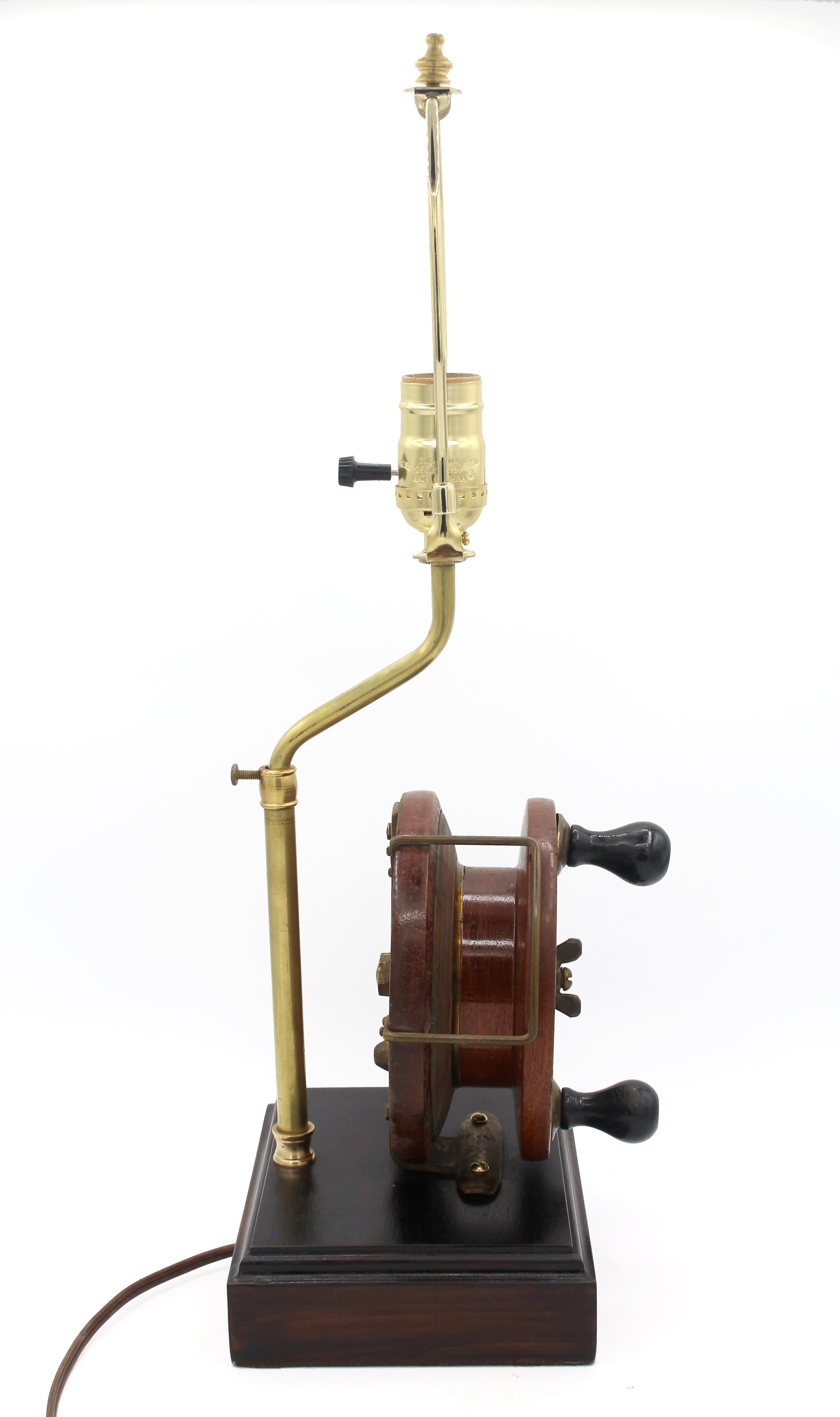 Early 20th Century Canadian Fishing Reel Mounted as a Lamp In Good Condition In Chapel Hill, NC