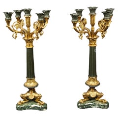 Early 20th Century Candelabra w/ Gilt and Black Patina Mounted on a Marble Base