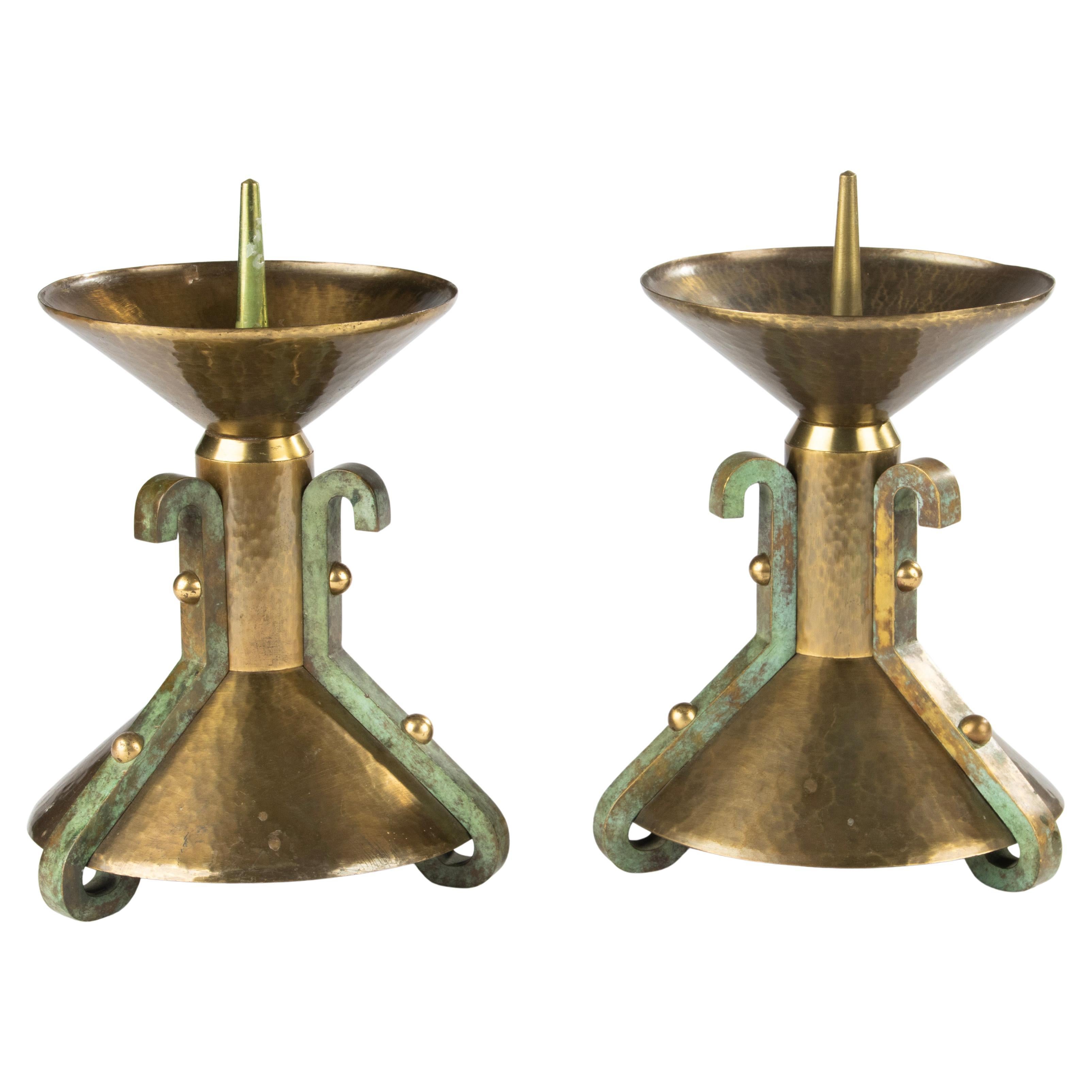 Early 20th Century Candlesticks - Arts & Crafts Style - Hammered Brass For Sale