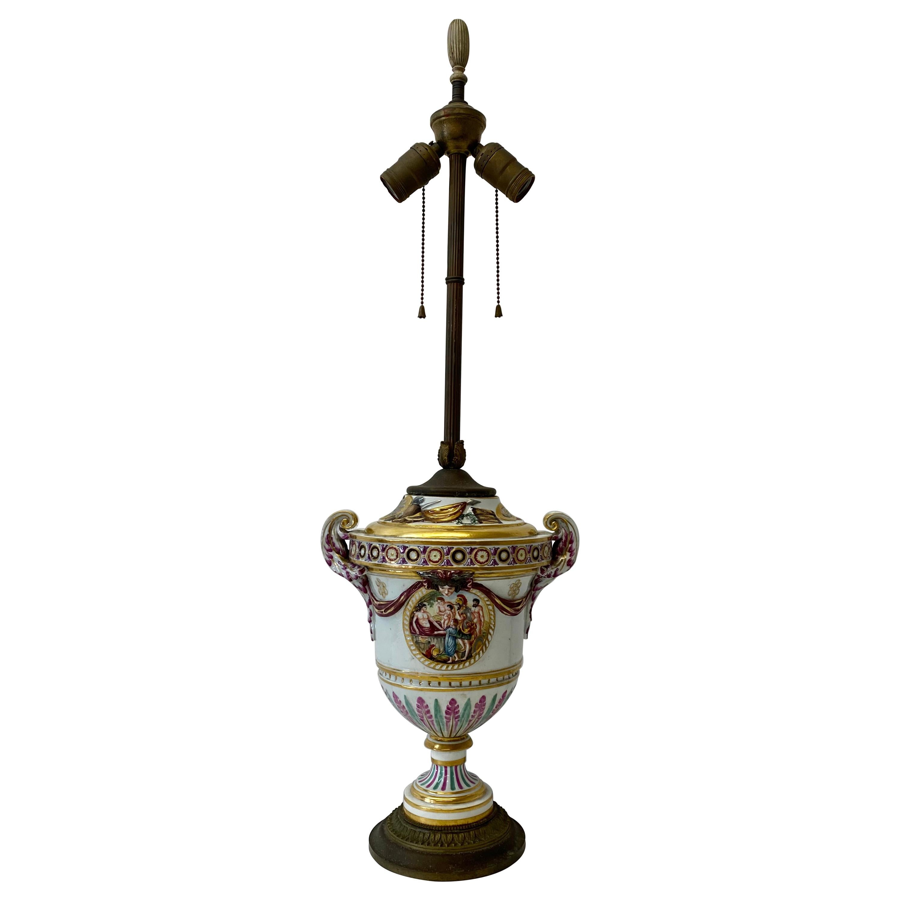 Lampe de bureau à double douille en porcelaine de Capodimonte du début du XXe siècle