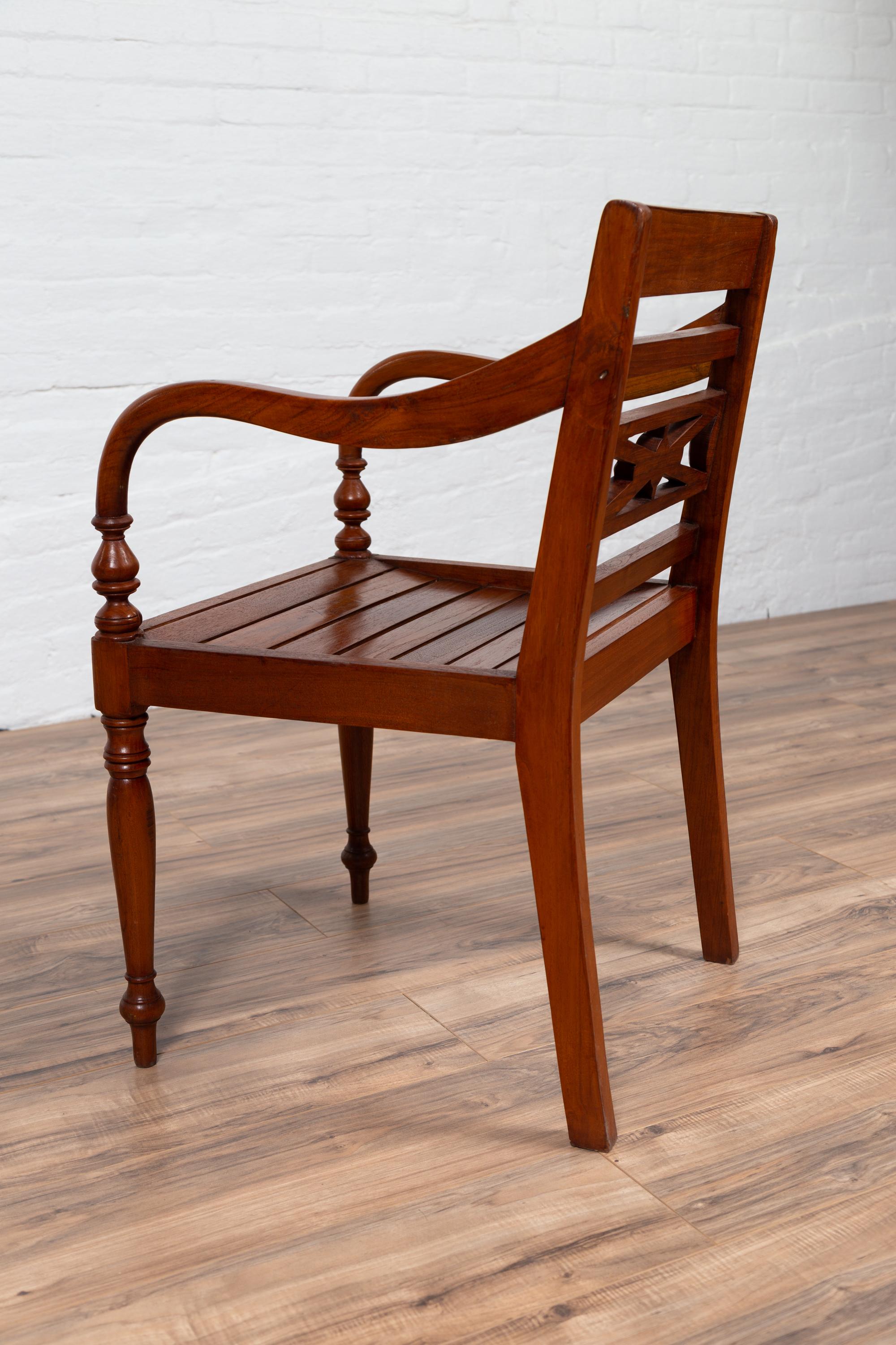 Early 20th Century Captain's Chair from Bali with Slatted Wood and Loop Arms For Sale 4