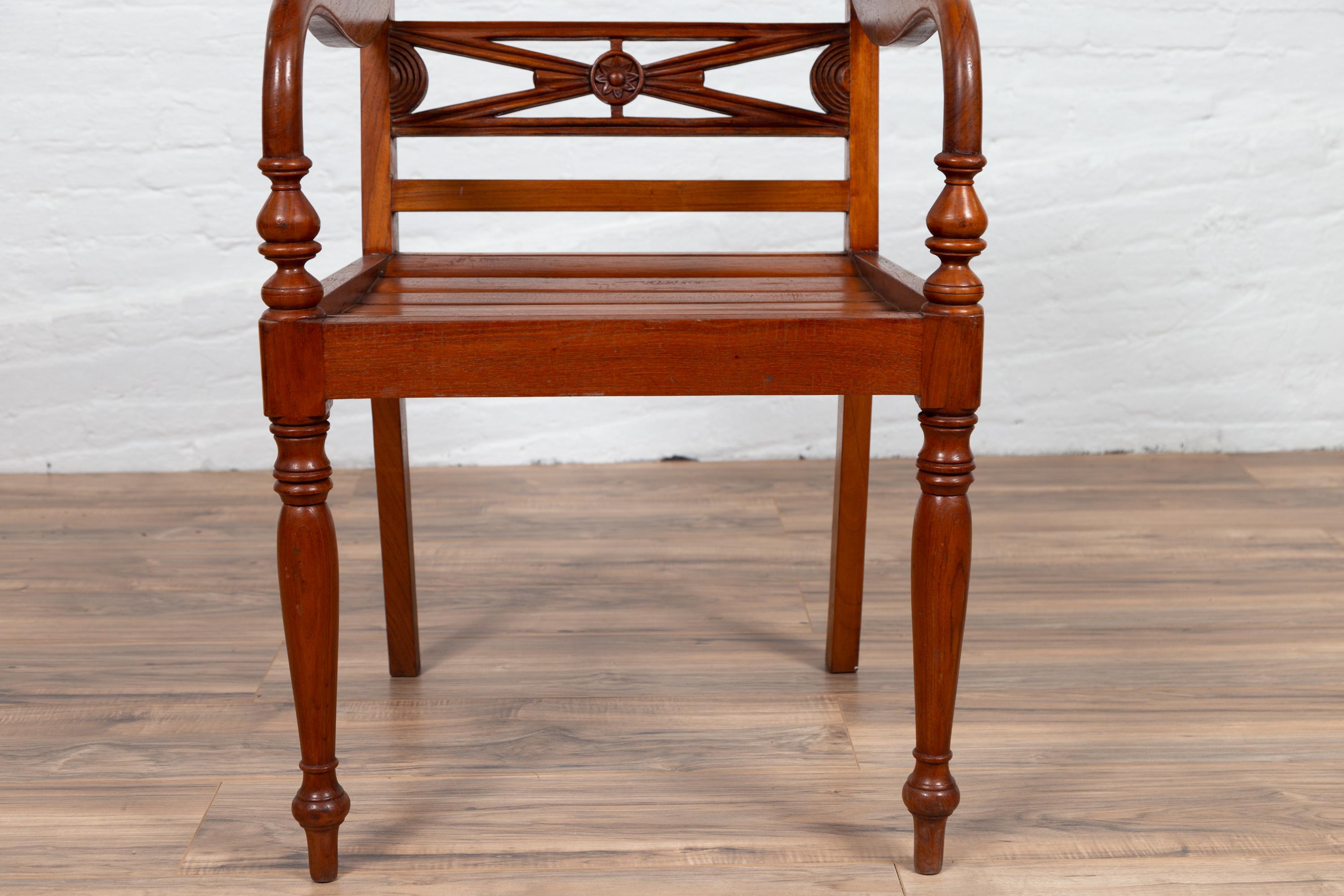 Early 20th Century Captain's Chair from Bali with Slatted Wood and Loop Arms In Good Condition For Sale In Yonkers, NY