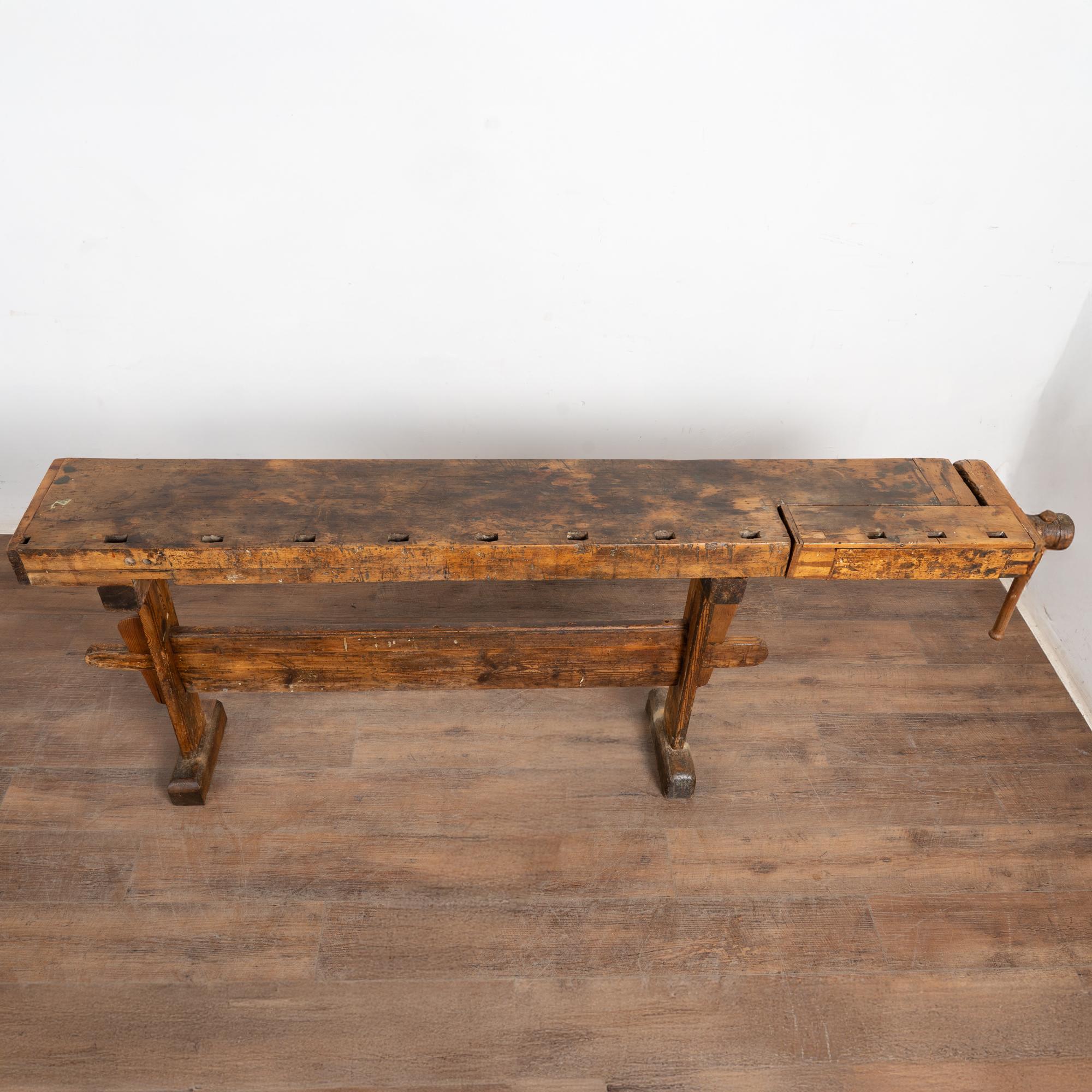 Hand-Crafted Early 20th Century Carpenters Workbench Rustic Narrow Console Table For Sale