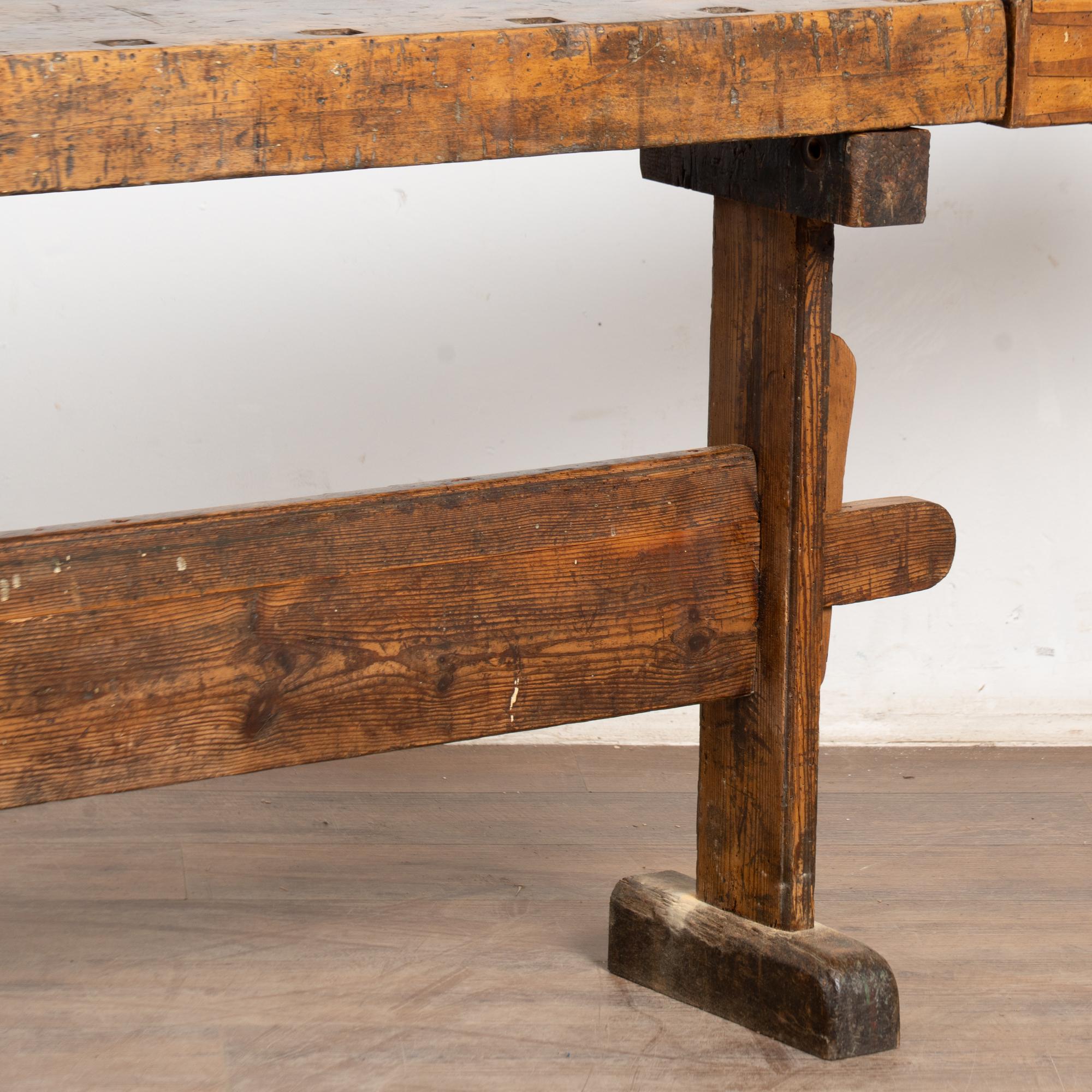 19th Century Early 20th Century Carpenters Workbench Rustic Narrow Console Table For Sale