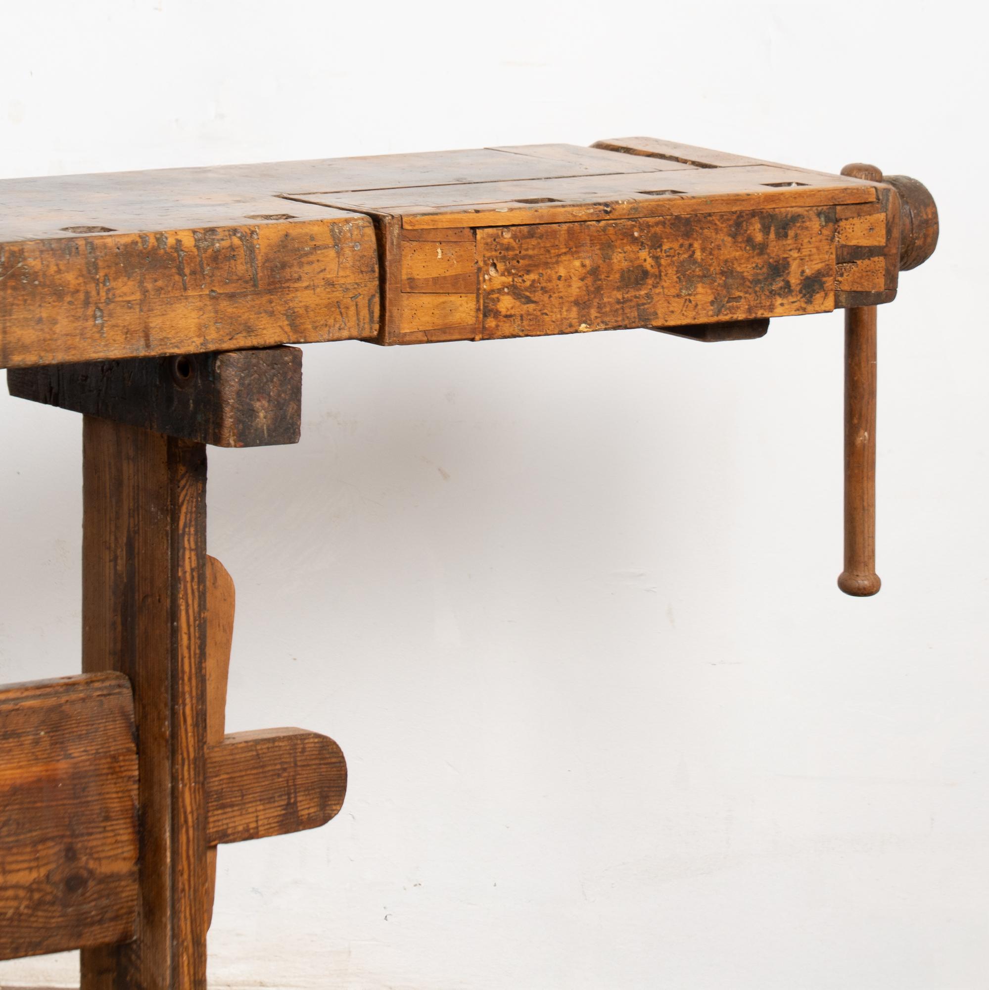 Wood Early 20th Century Carpenters Workbench Rustic Narrow Console Table For Sale