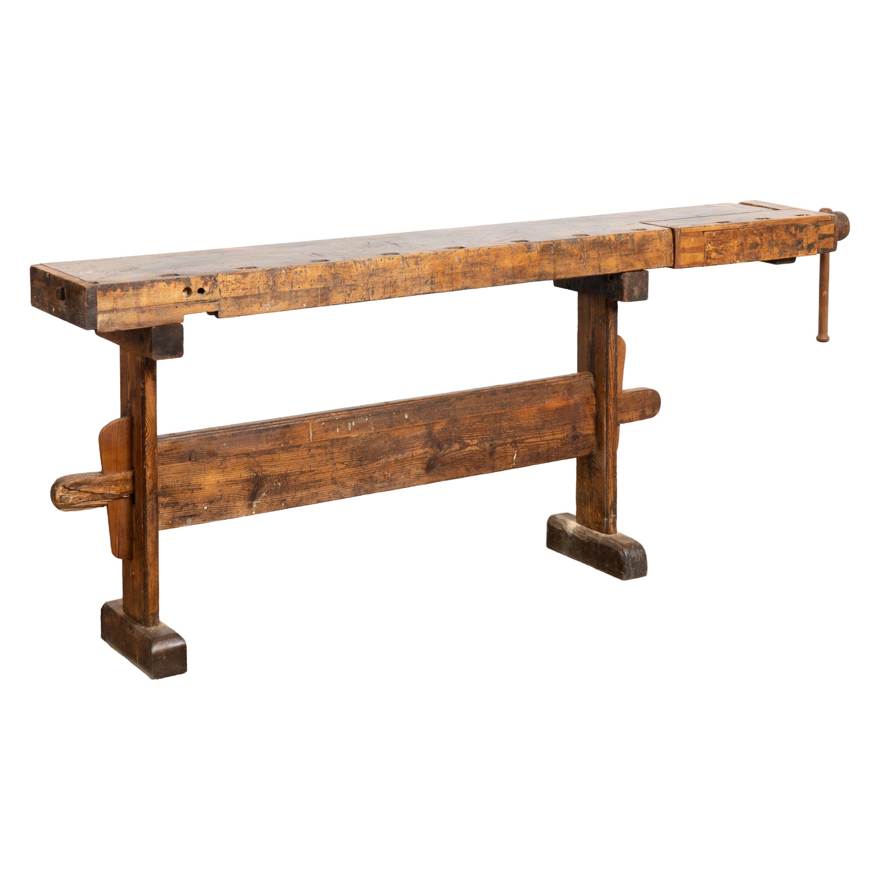 Early 20th Century Carpenters Workbench Rustic Narrow Console Table For Sale
