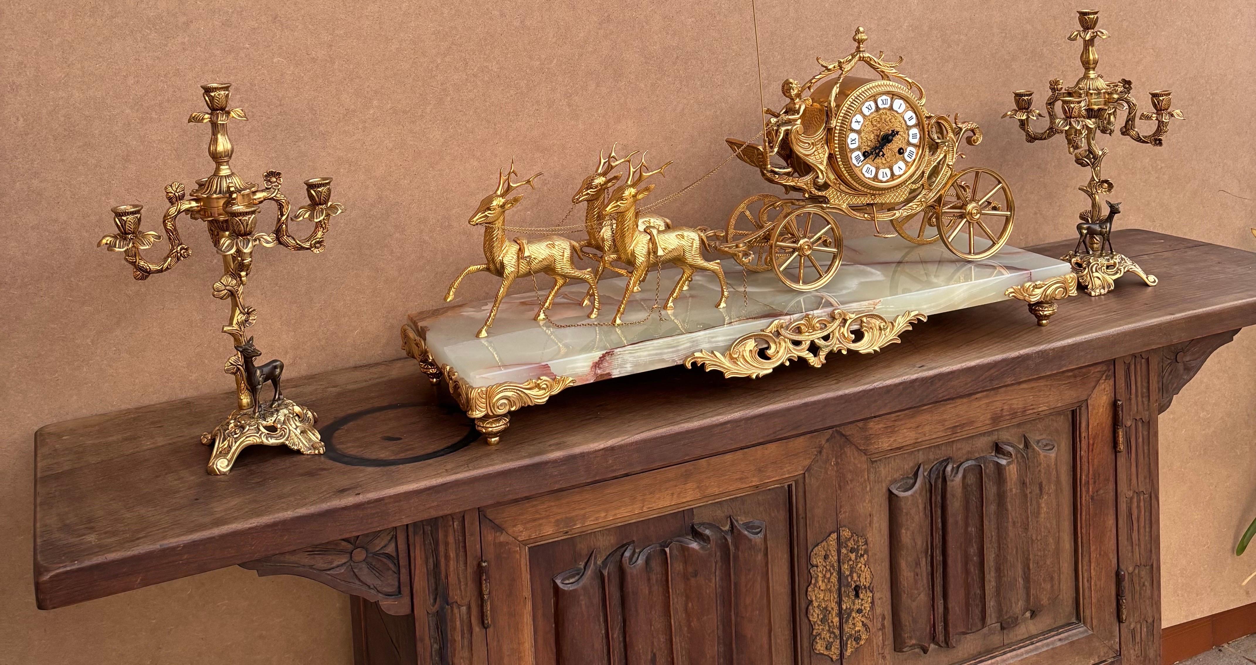 Early 20th Century Carriage Clock With Deer And Candlesticks In Gilt Bronze For Sale 2