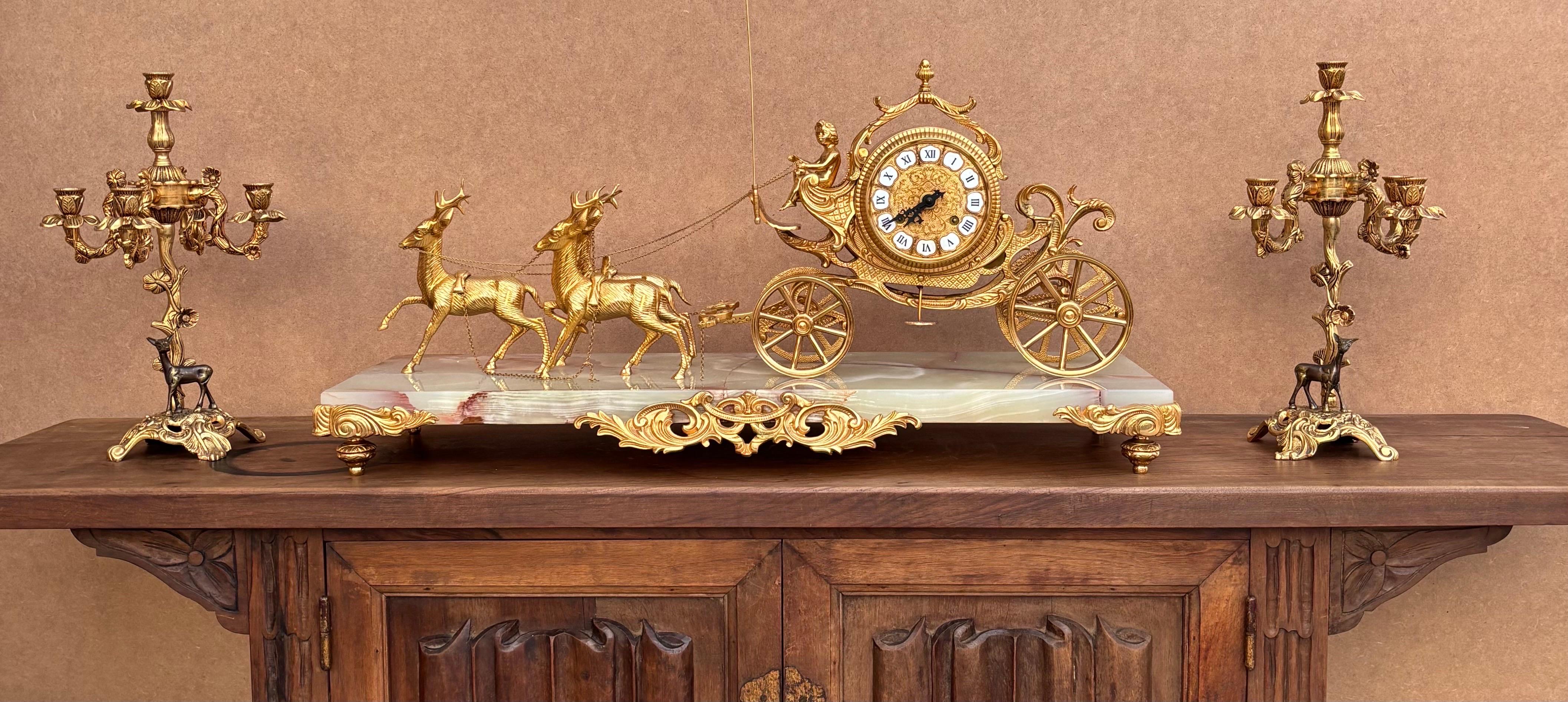 Early 20th Century Carriage Clock With Deer And Candlesticks In Gilt Bronze For Sale 3