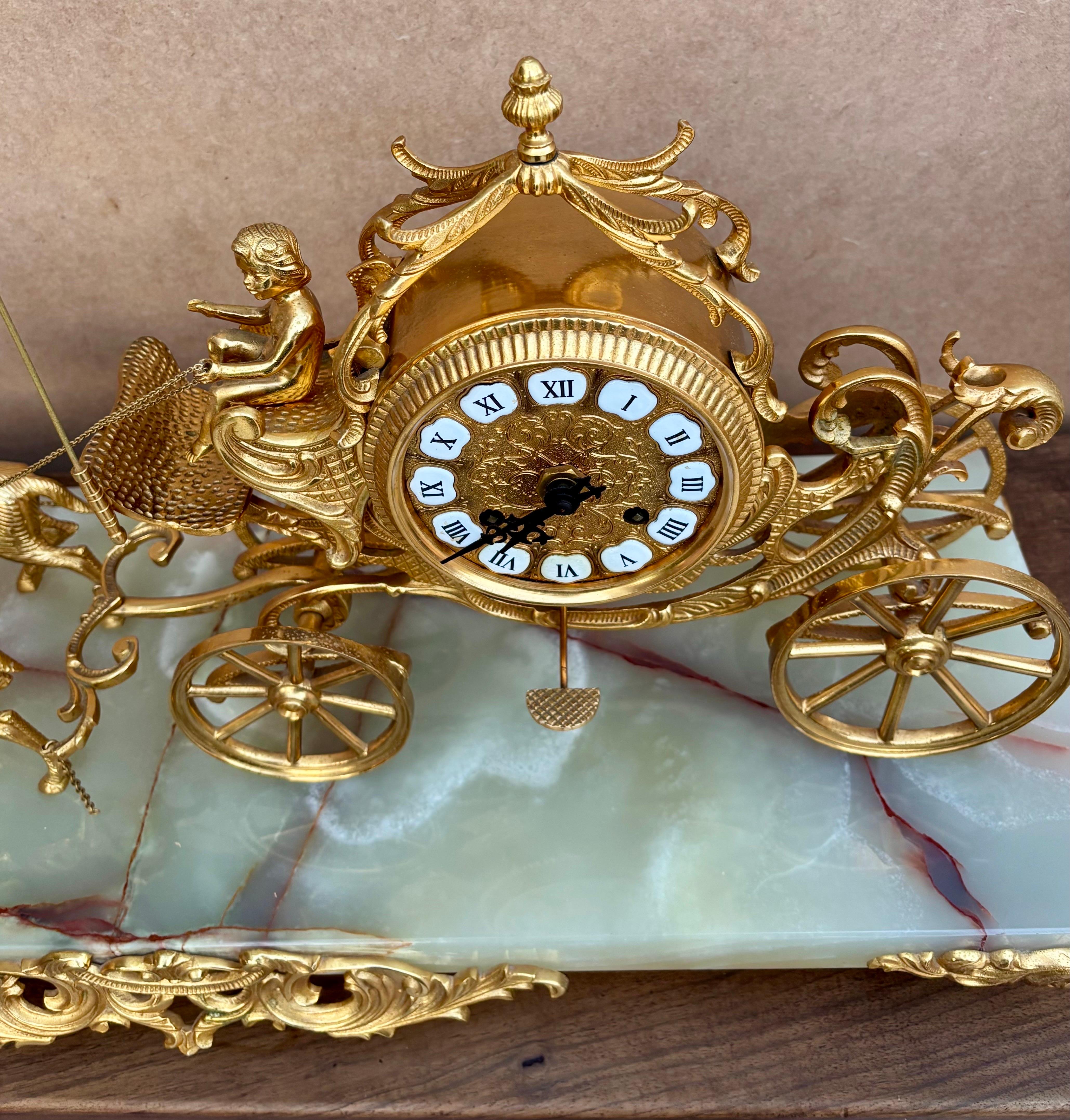 Early 20th Century Carriage Clock With Deer And Candlesticks In Gilt Bronze For Sale 4