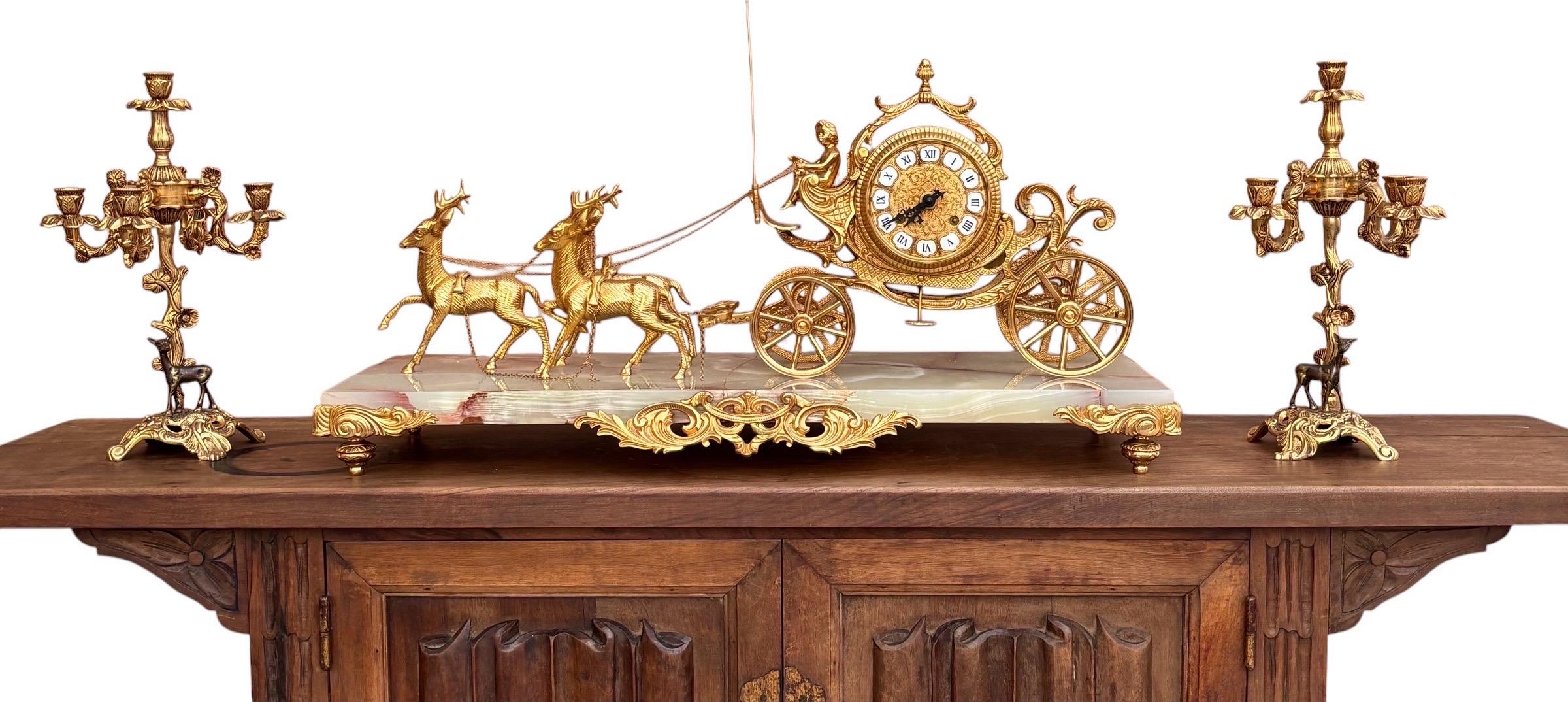 Early 20th Century Carriage Clock With Deer And Candlesticks In Gilt Bronze For Sale 5