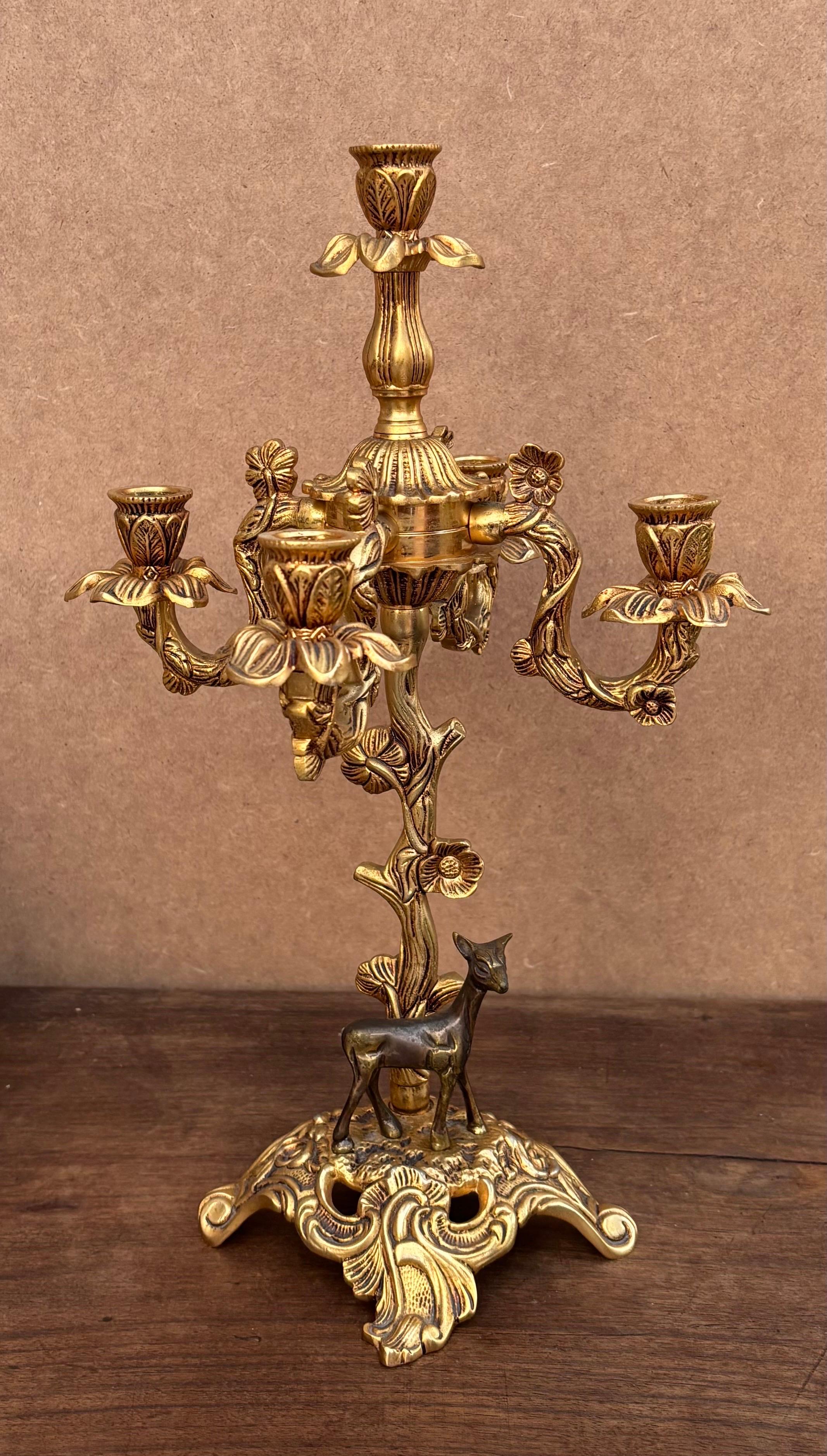 Napoleon III Early 20th Century Carriage Clock With Deer And Candlesticks In Gilt Bronze For Sale
