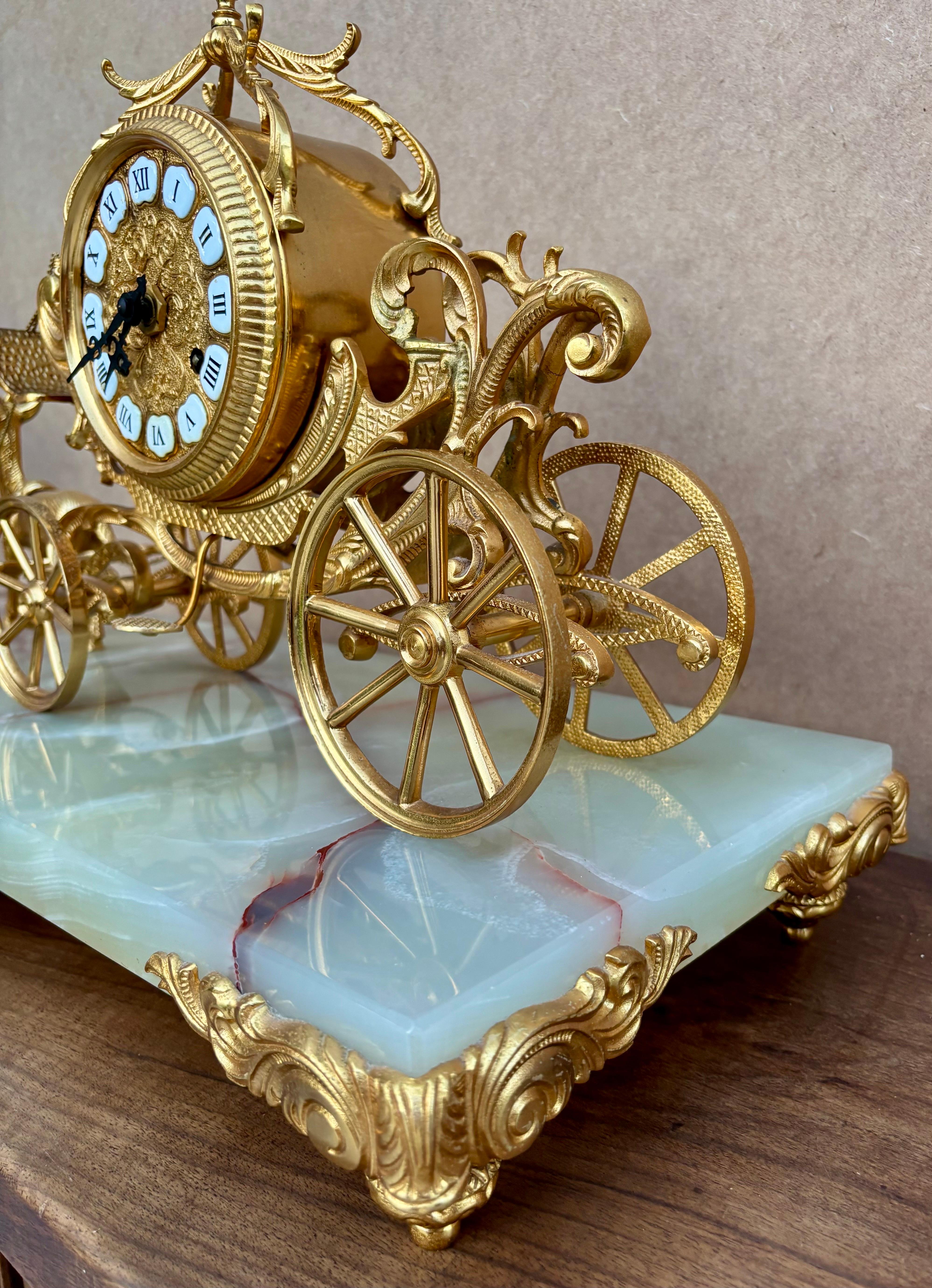 French Early 20th Century Carriage Clock With Deer And Candlesticks In Gilt Bronze For Sale