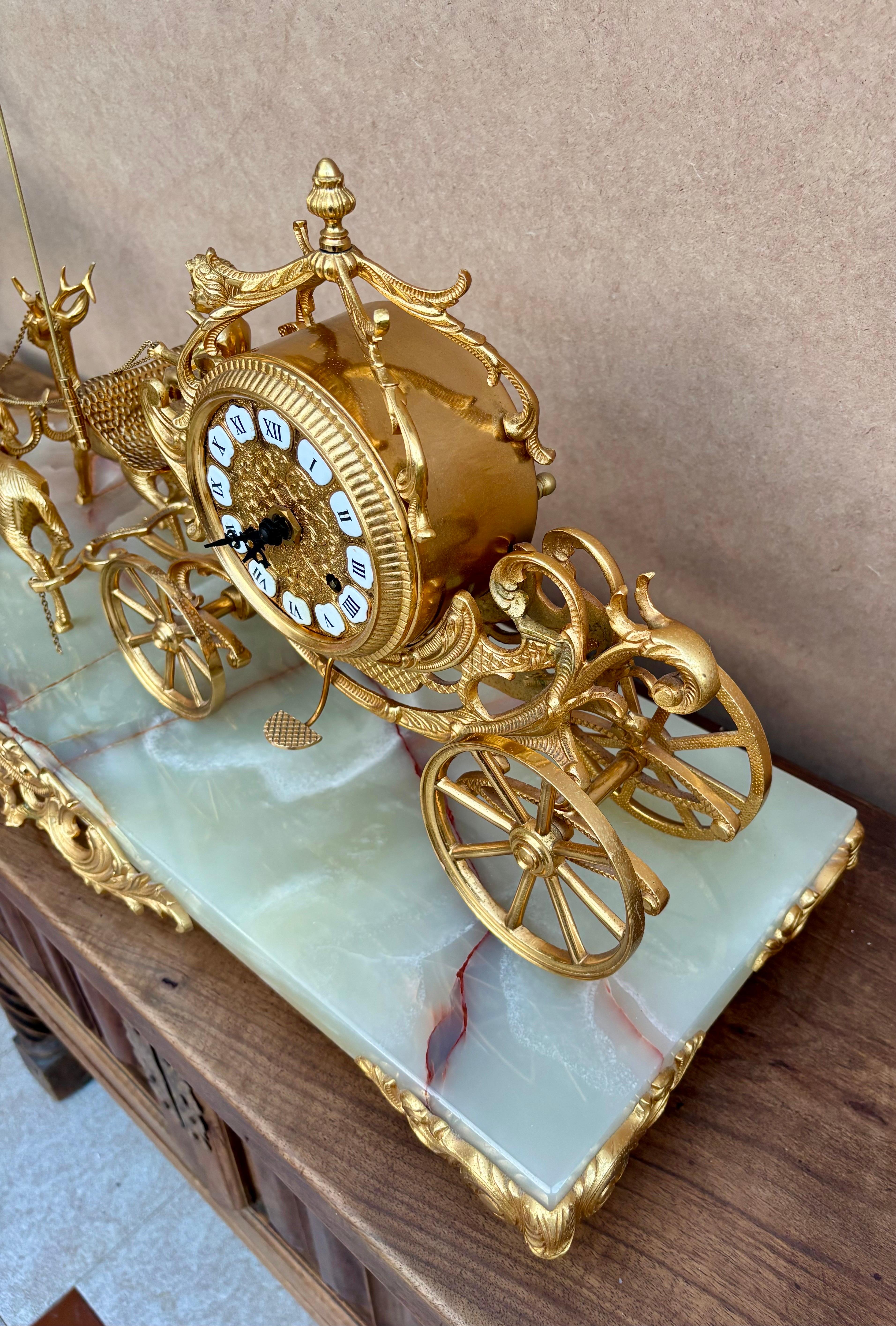 Bronzed Early 20th Century Carriage Clock With Deer And Candlesticks In Gilt Bronze For Sale