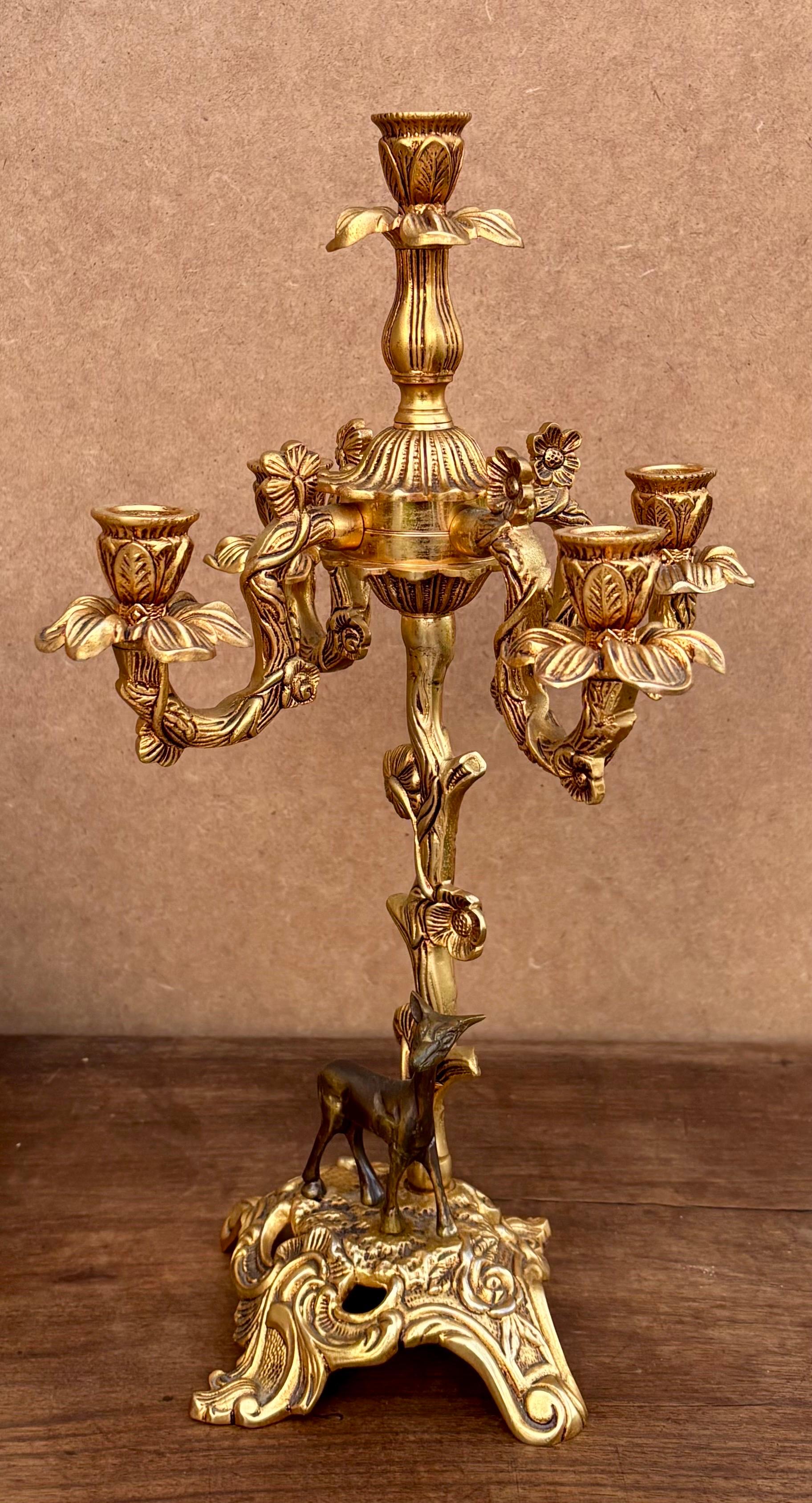 Mid-20th Century Early 20th Century Carriage Clock With Deer And Candlesticks In Gilt Bronze For Sale