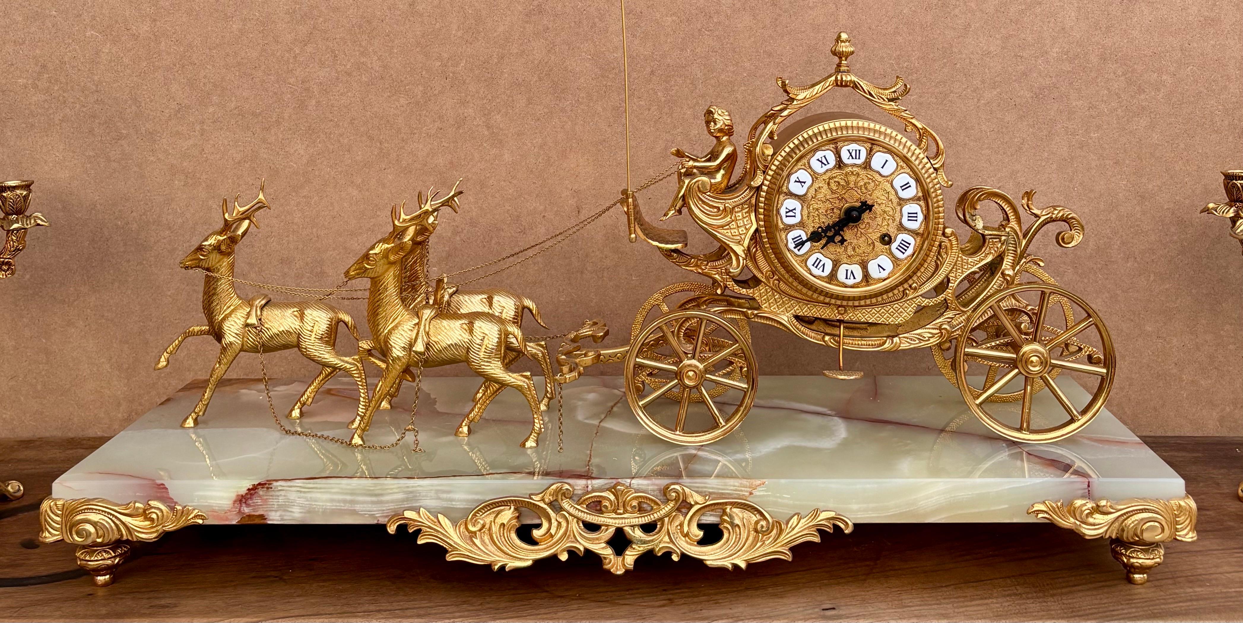 Marble Early 20th Century Carriage Clock With Deer And Candlesticks In Gilt Bronze For Sale